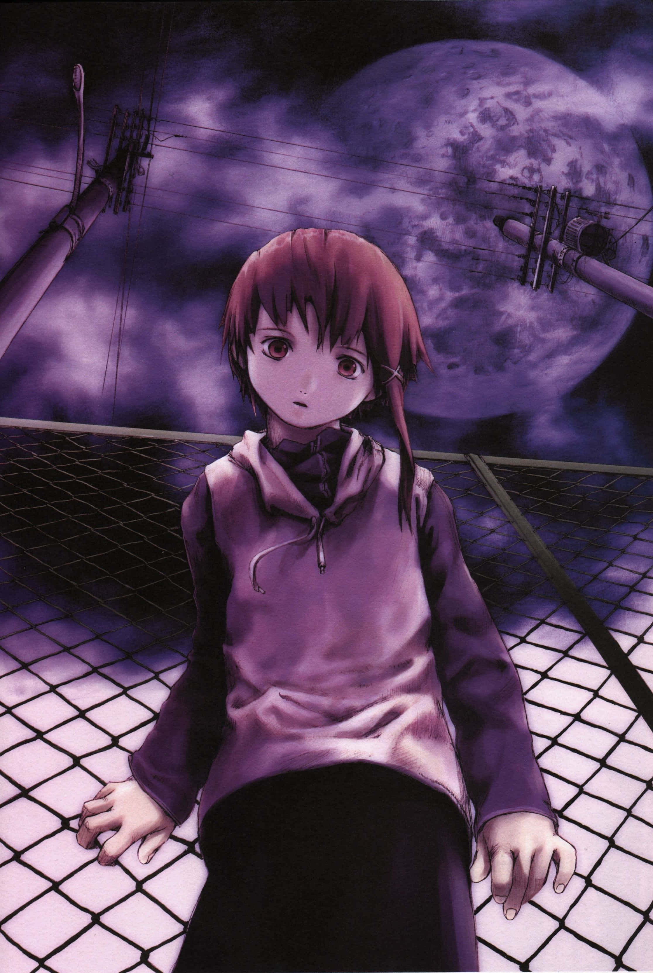Lain Iwakura, red hair, chain-link fence, 2K Phone Wallpaper