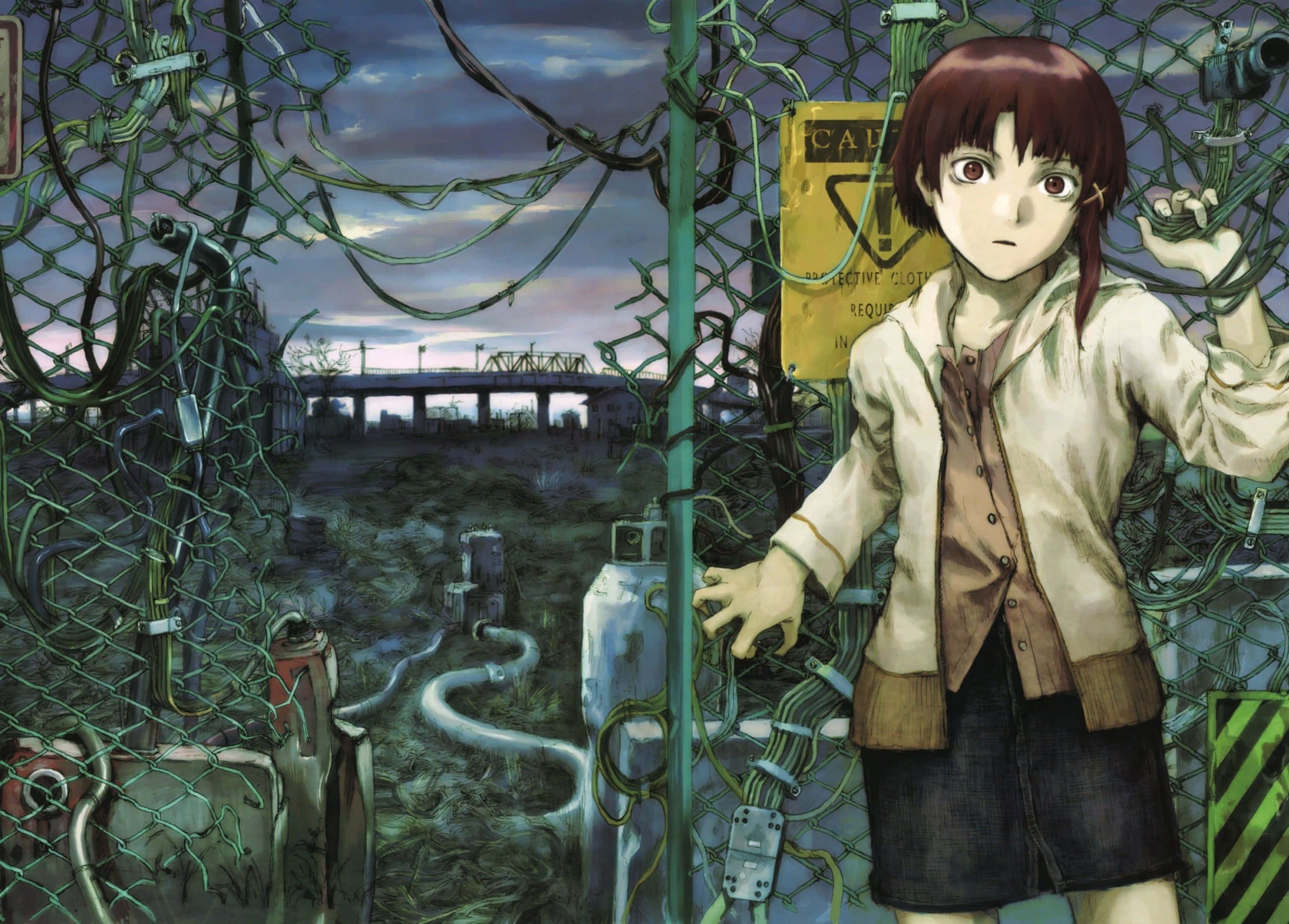 Lain Iwakura, tangled green fence, decaying industrial wasteland, 2K Desktop Wallpaper