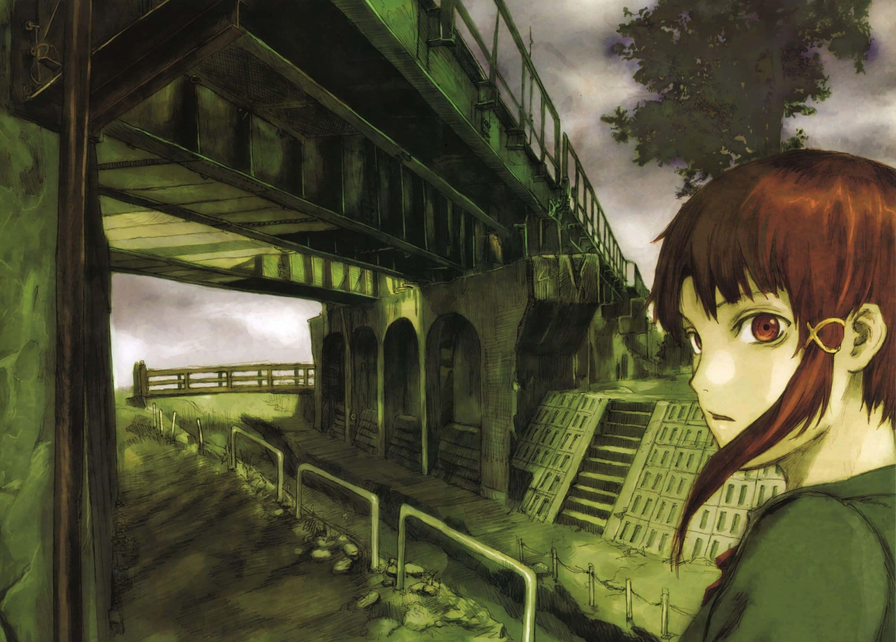 Lain Iwakura, mossy green railway bridge, gloomy sky, 2K Desktop Wallpaper