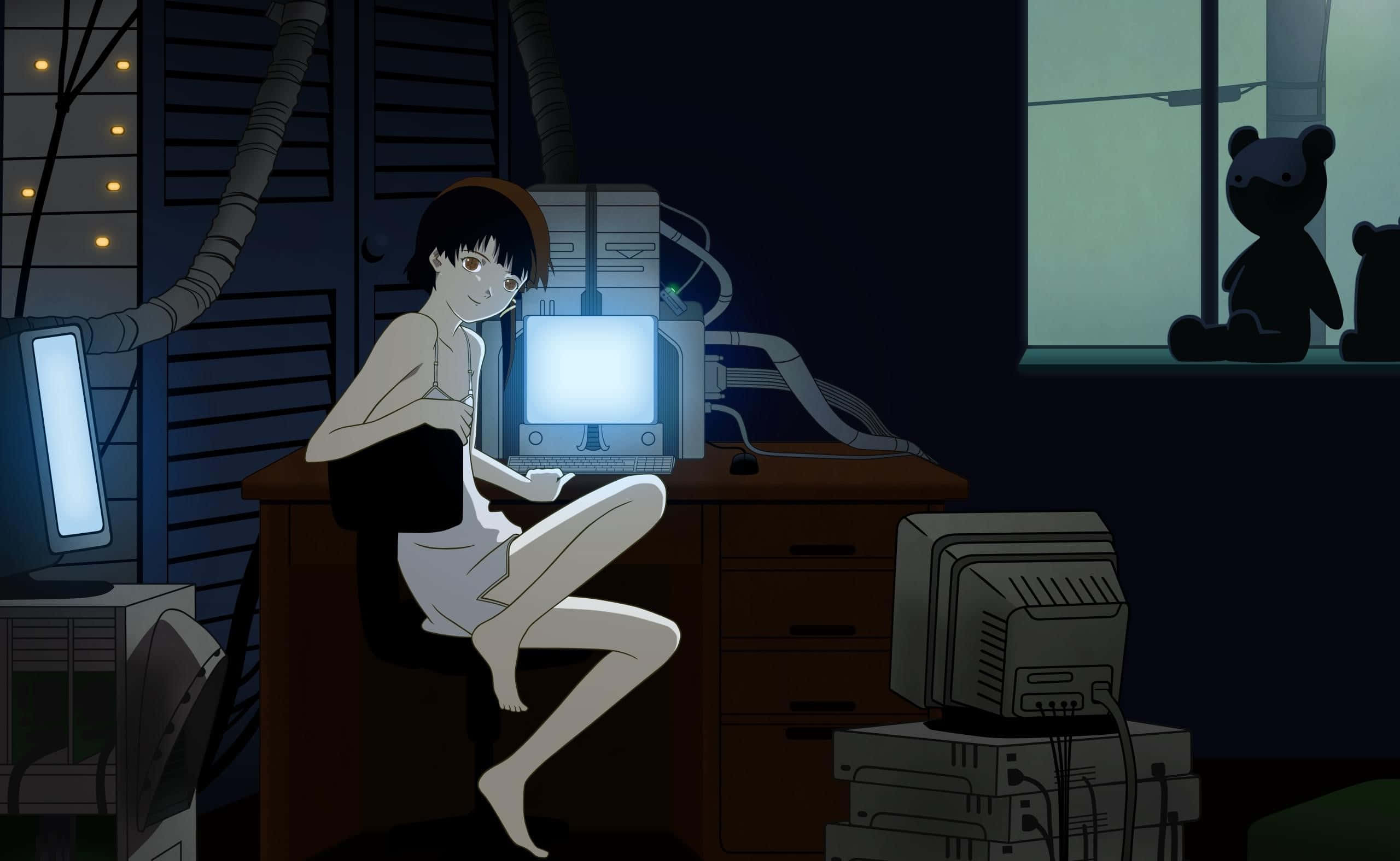 Lain Iwakura, computer monitors, string lights, 2K Desktop Wallpaper