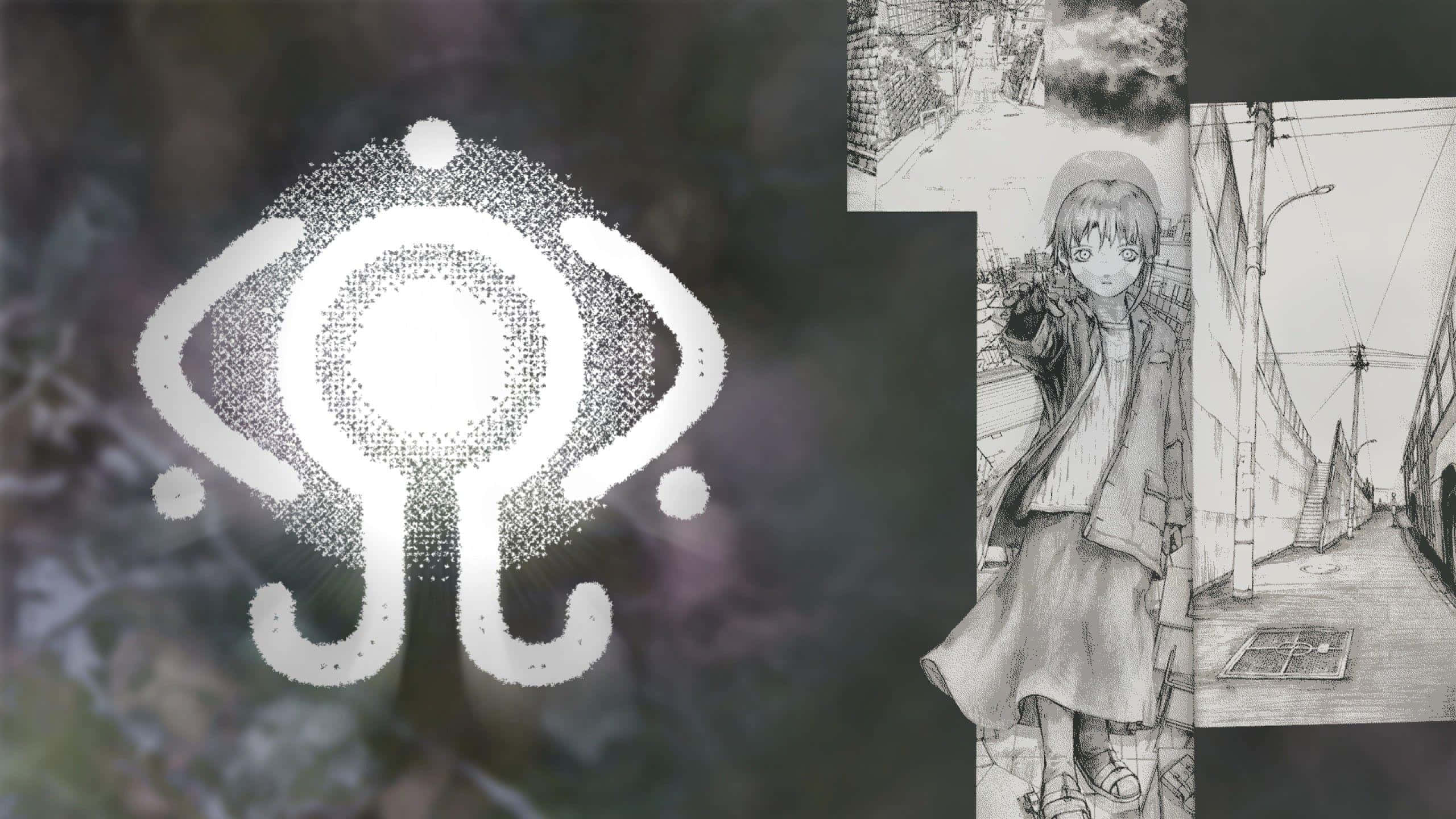 Lain Iwakura, cyberspace, monochrome sketches, 2K Desktop Wallpaper