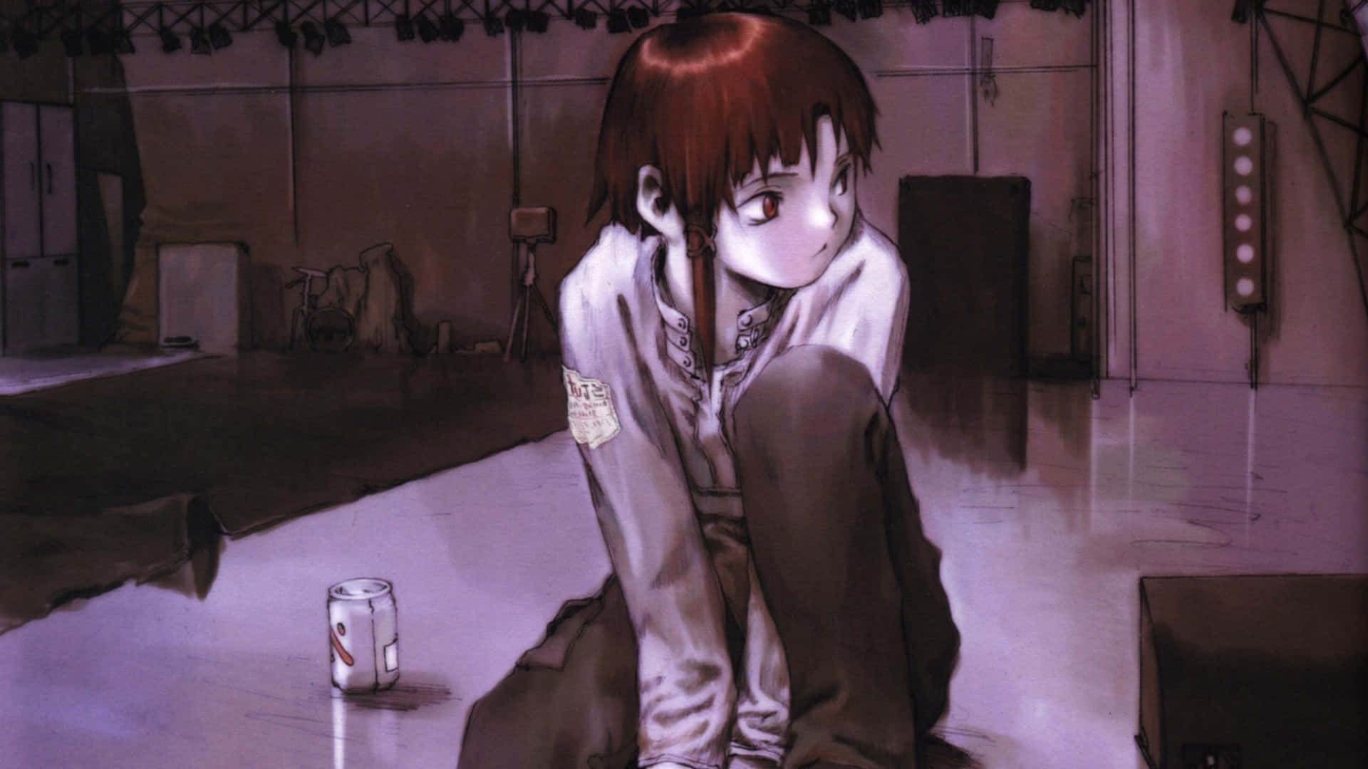 Lain Iwakura, red hair, stage floor, Full HD Desktop Wallpaper