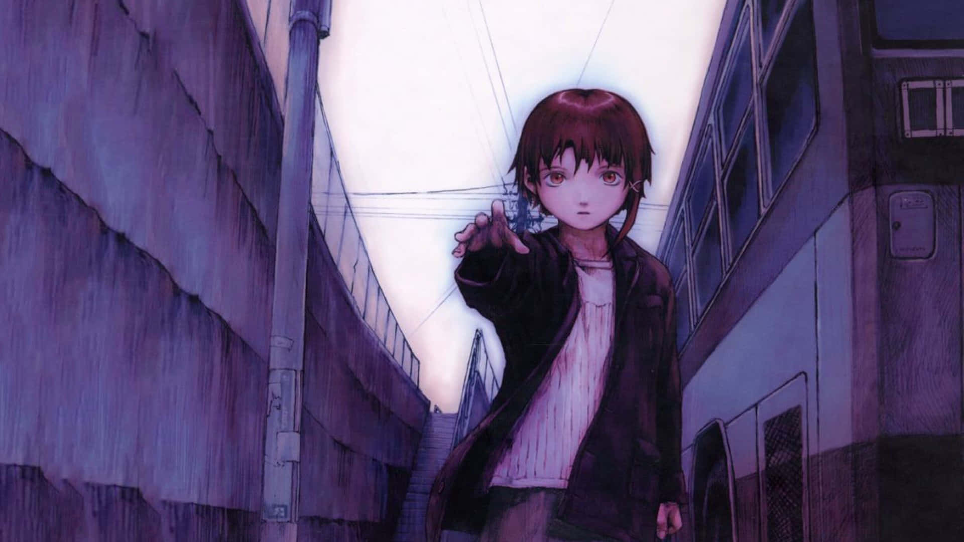 Lain Iwakura, red hair, narrow urban alleyway, Full HD Desktop Wallpaper