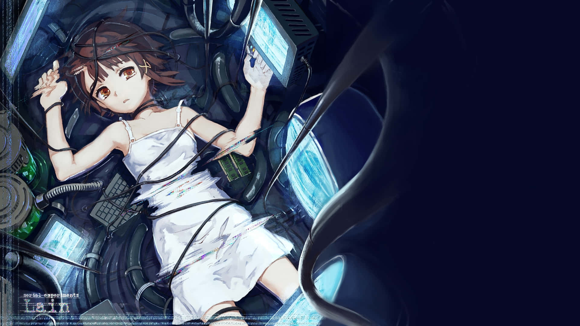 Lain Iwakura, white dress, glowing blue tech, Full HD Desktop Wallpaper