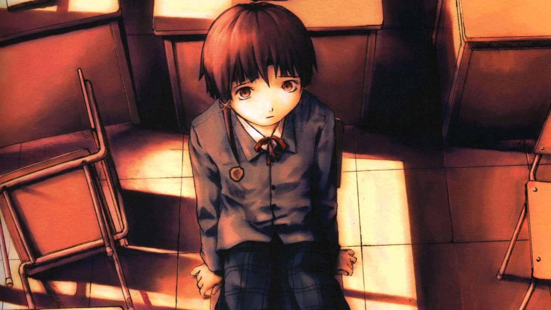 Lain Iwakura, school uniform, empty classroom, Full HD Desktop Wallpaper