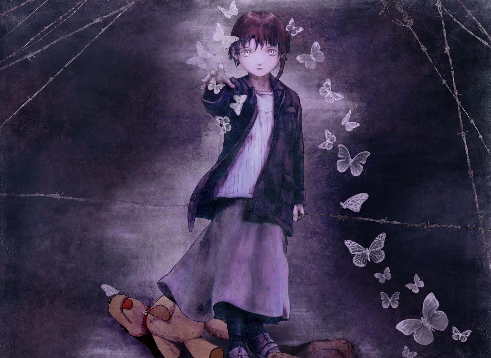 Lain Iwakura, white butterflies, barbed wire, HD Desktop Wallpaper
