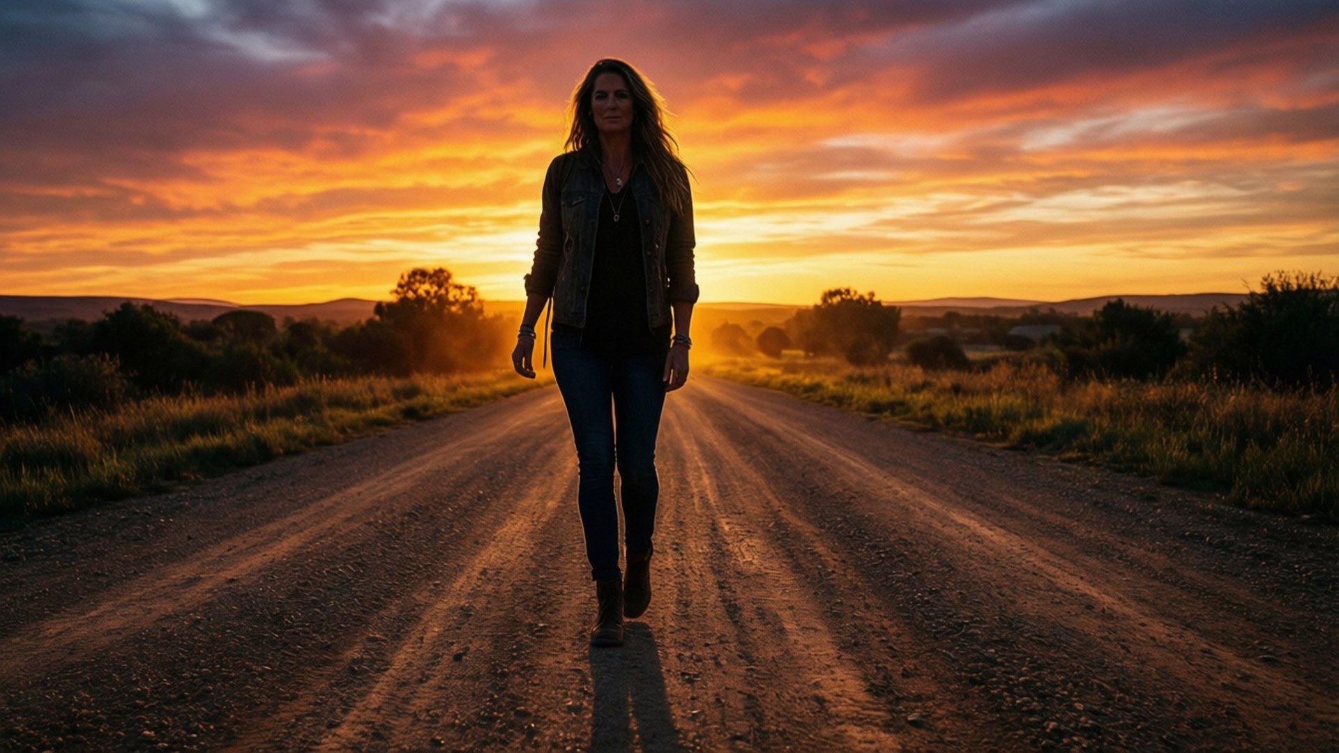 Lainey Wilson, silhouette, dusty road, Full HD Desktop Wallpaper