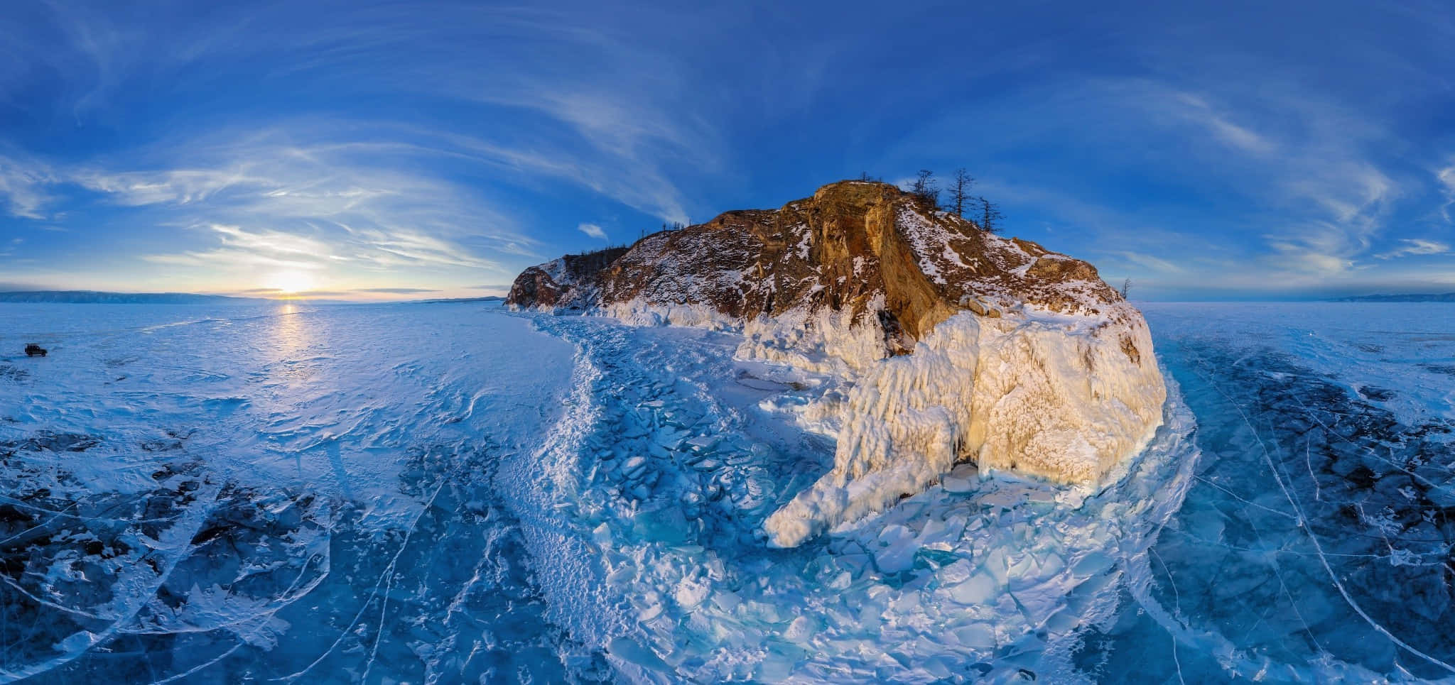Lake Baikal, sunrise, snow-dusted rocky island, Full HD Desktop Wallpaper