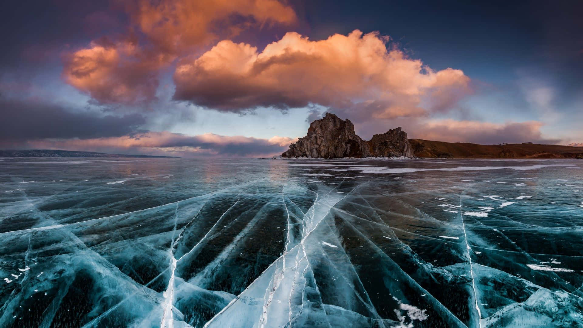 Lake Baikal, blue ice cracks, dramatic sunset sky, Full HD Desktop Wallpaper