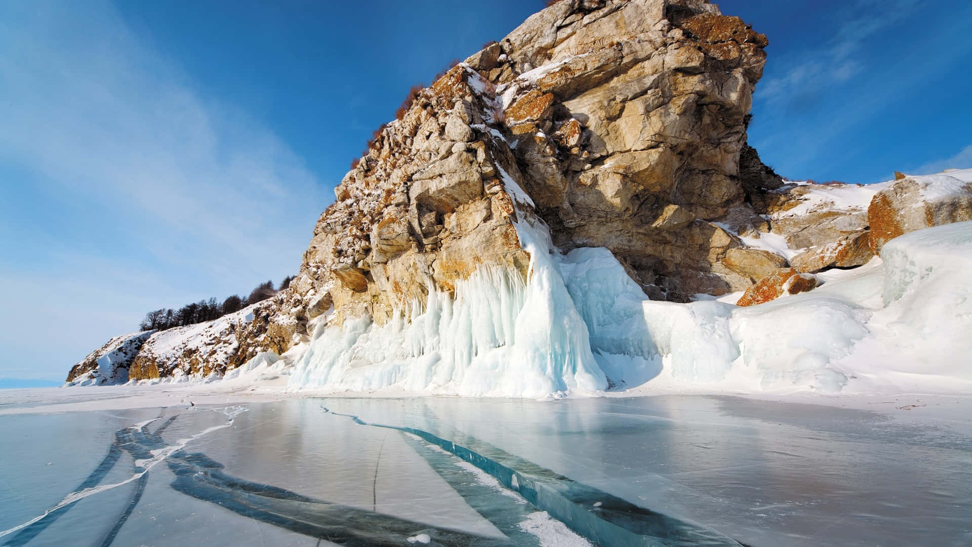 Lake Baikal, snowy ice, rock, Full HD Desktop Wallpaper
