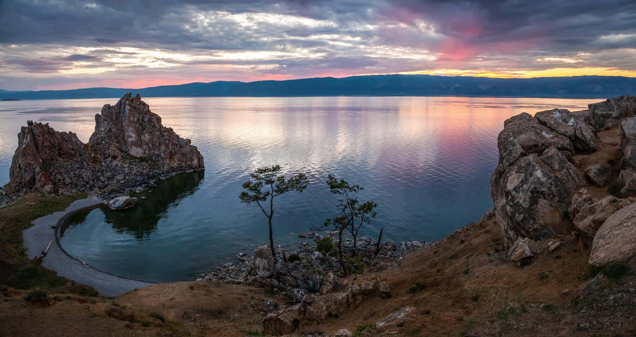 Lake Baikal, sunset, pink clouds, Full HD Desktop Wallpaper