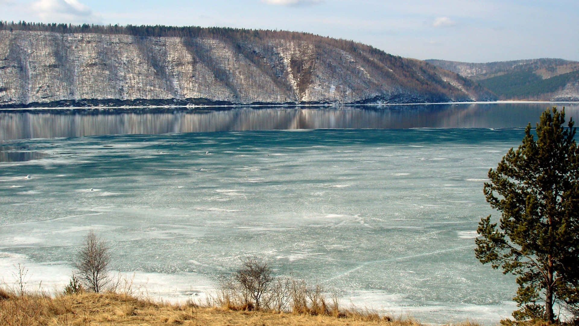 Lake Baikal, frozen lake, snow-dusted cliffside, Full HD Desktop Wallpaper