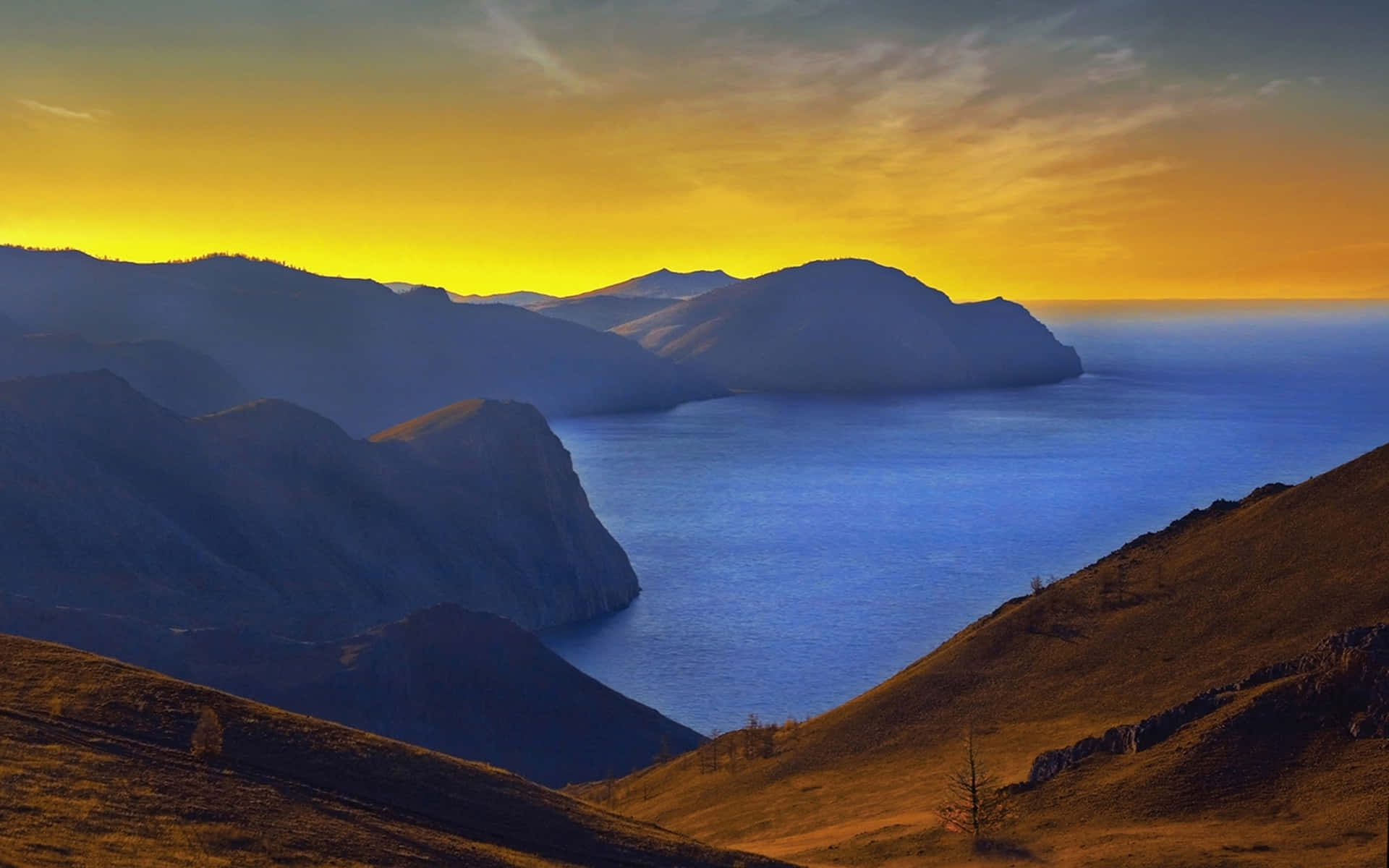 Lake Baikal, sunset, golden sunset, Full HD Desktop Wallpaper