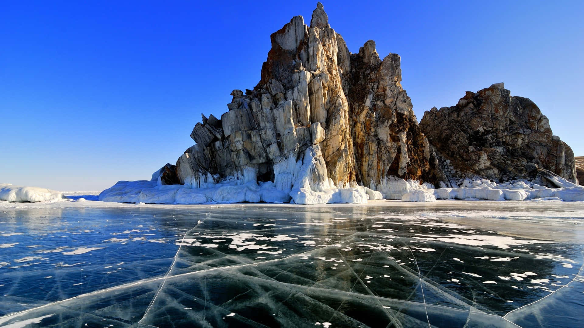 Lake Baikal, rock formation, frozen lake ice, Full HD Desktop Wallpaper