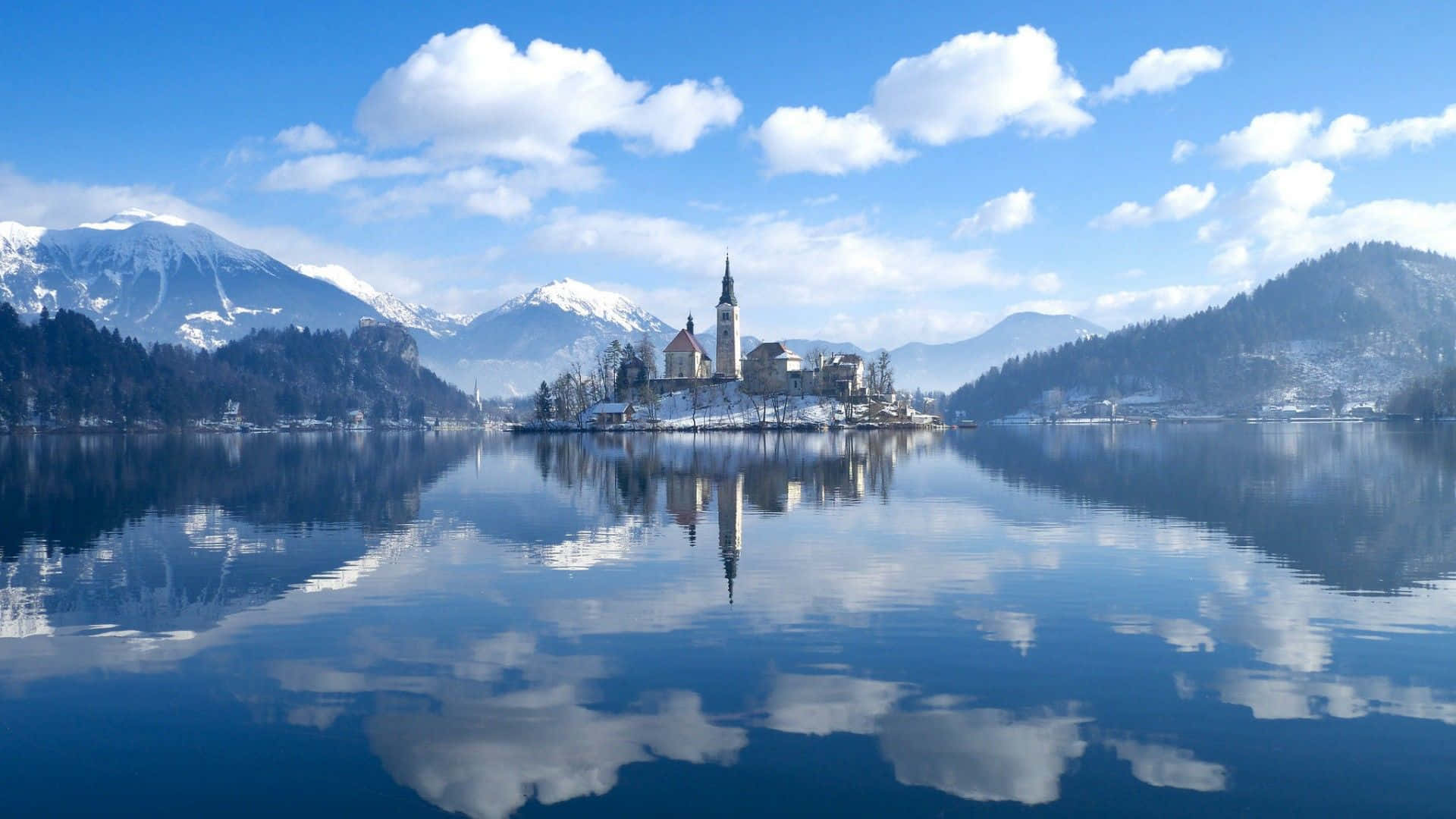 Lake Bled, cirrus clouds, snow-capped mountain range, Full HD Desktop Wallpaper
