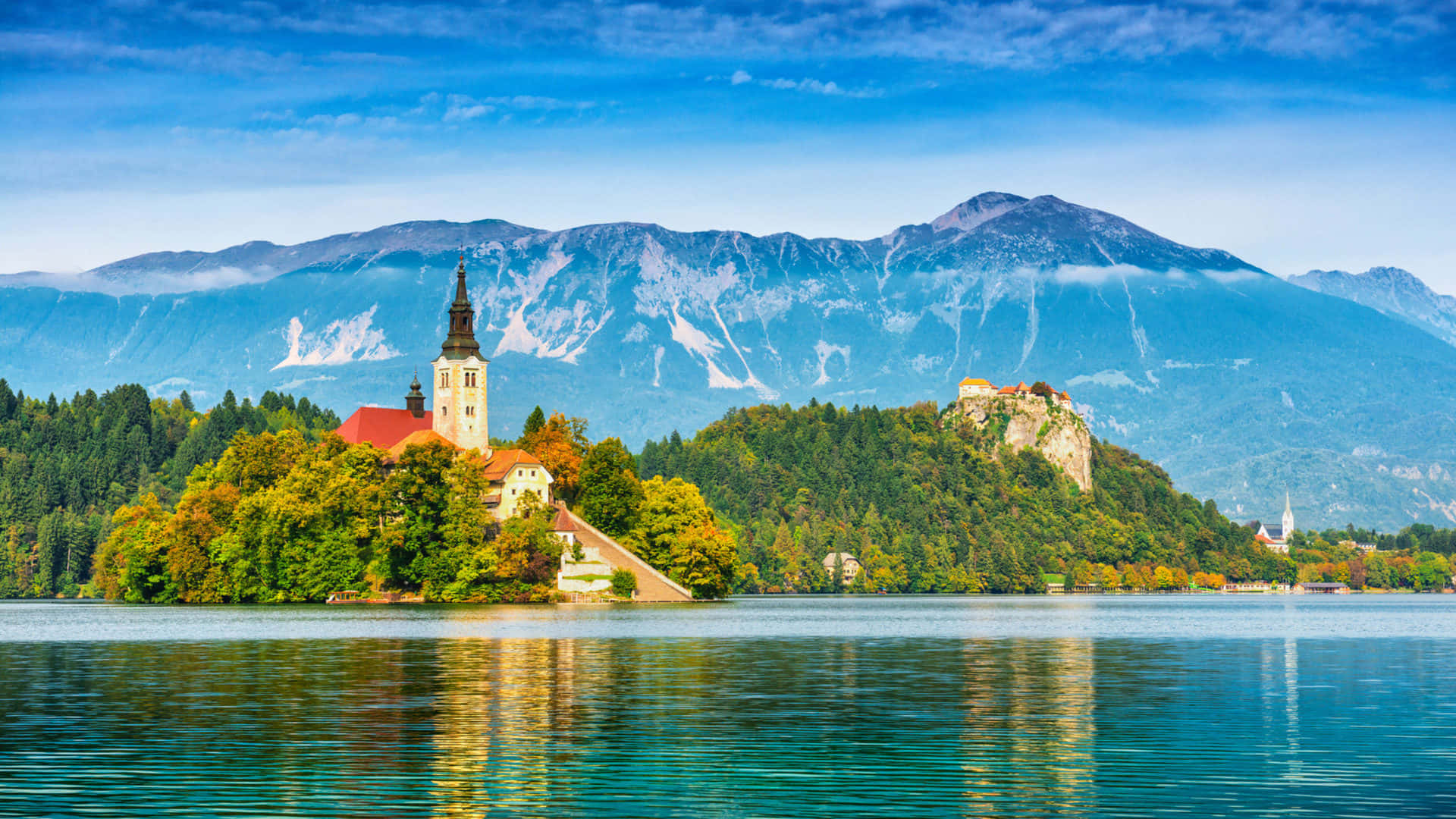 Lake Bled, church on an island, castle on a hill, Full HD Desktop Wallpaper