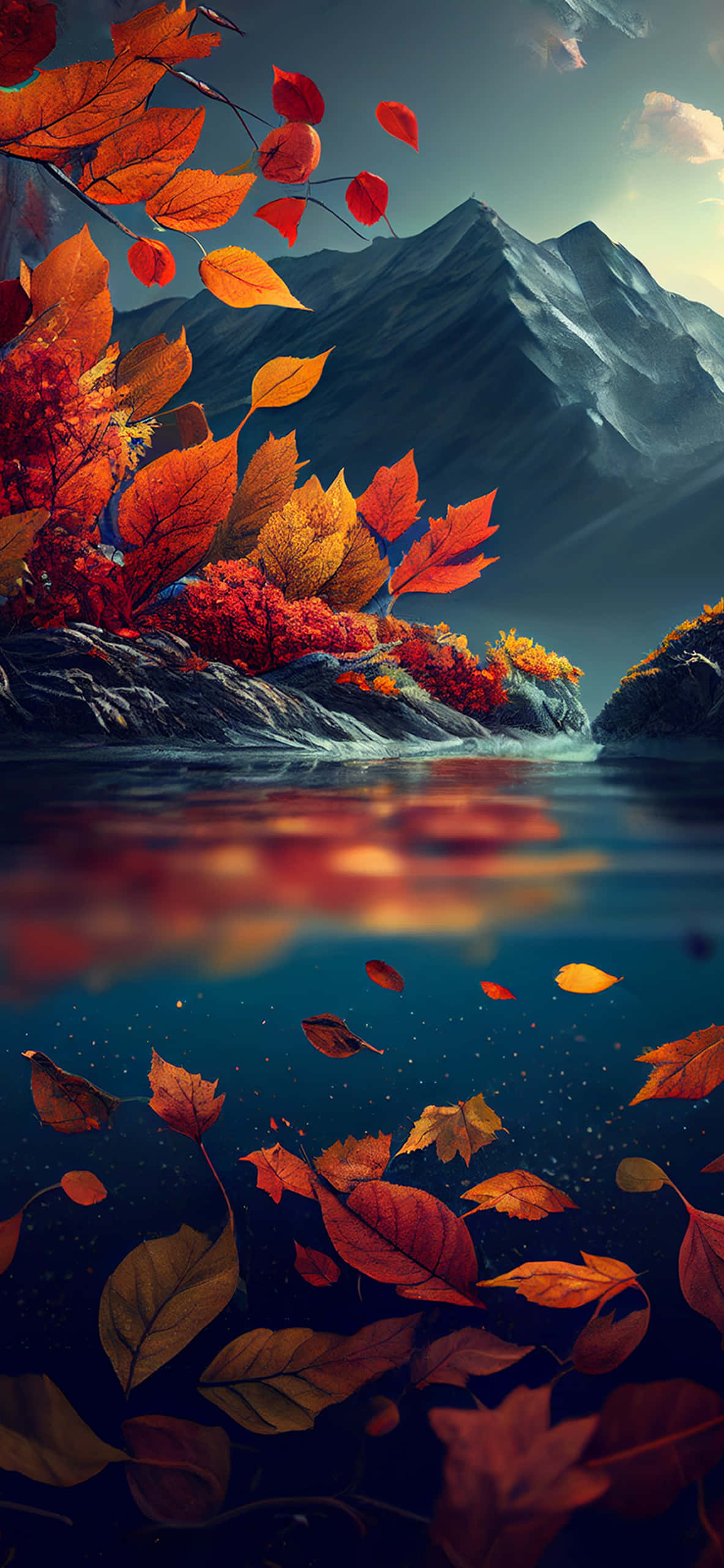 fall lake, calm lake, fiery red orange foliage, 2K Phone Wallpaper