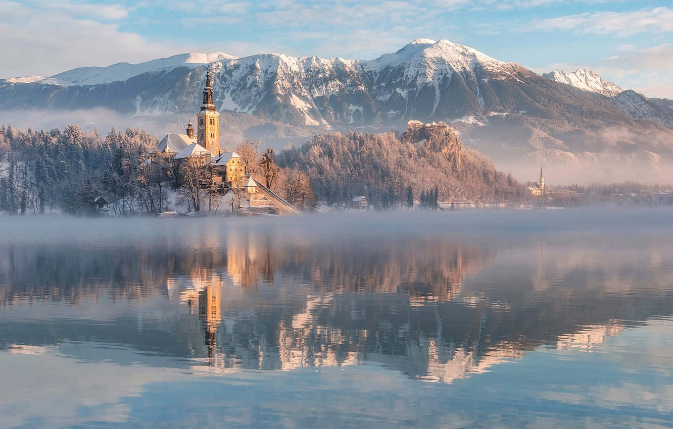 Lake Bled, snow-capped mountain range, historic church island, HD Desktop Wallpaper