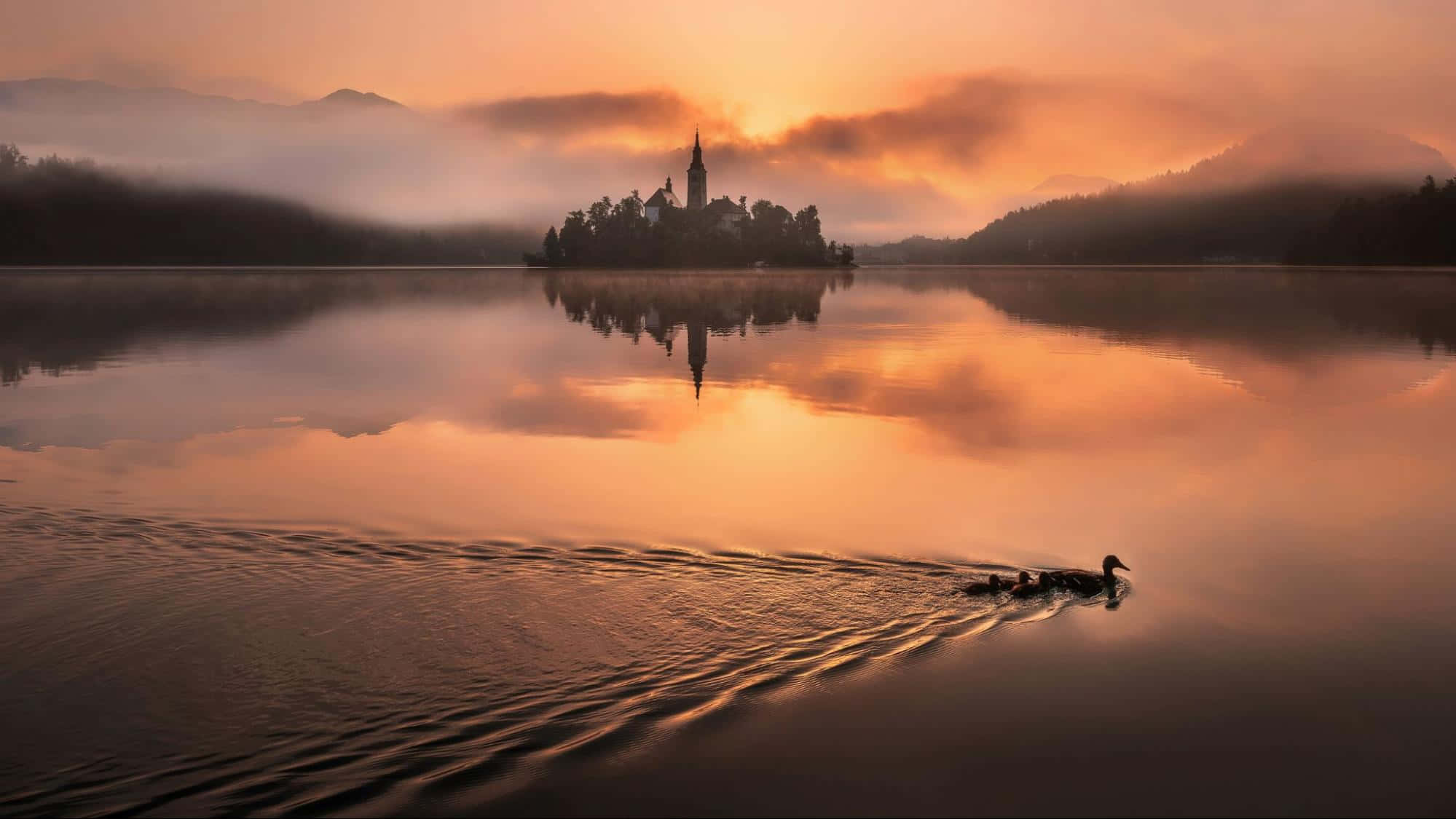 Lake Bled, sunrise, misty lake, Full HD Desktop Wallpaper