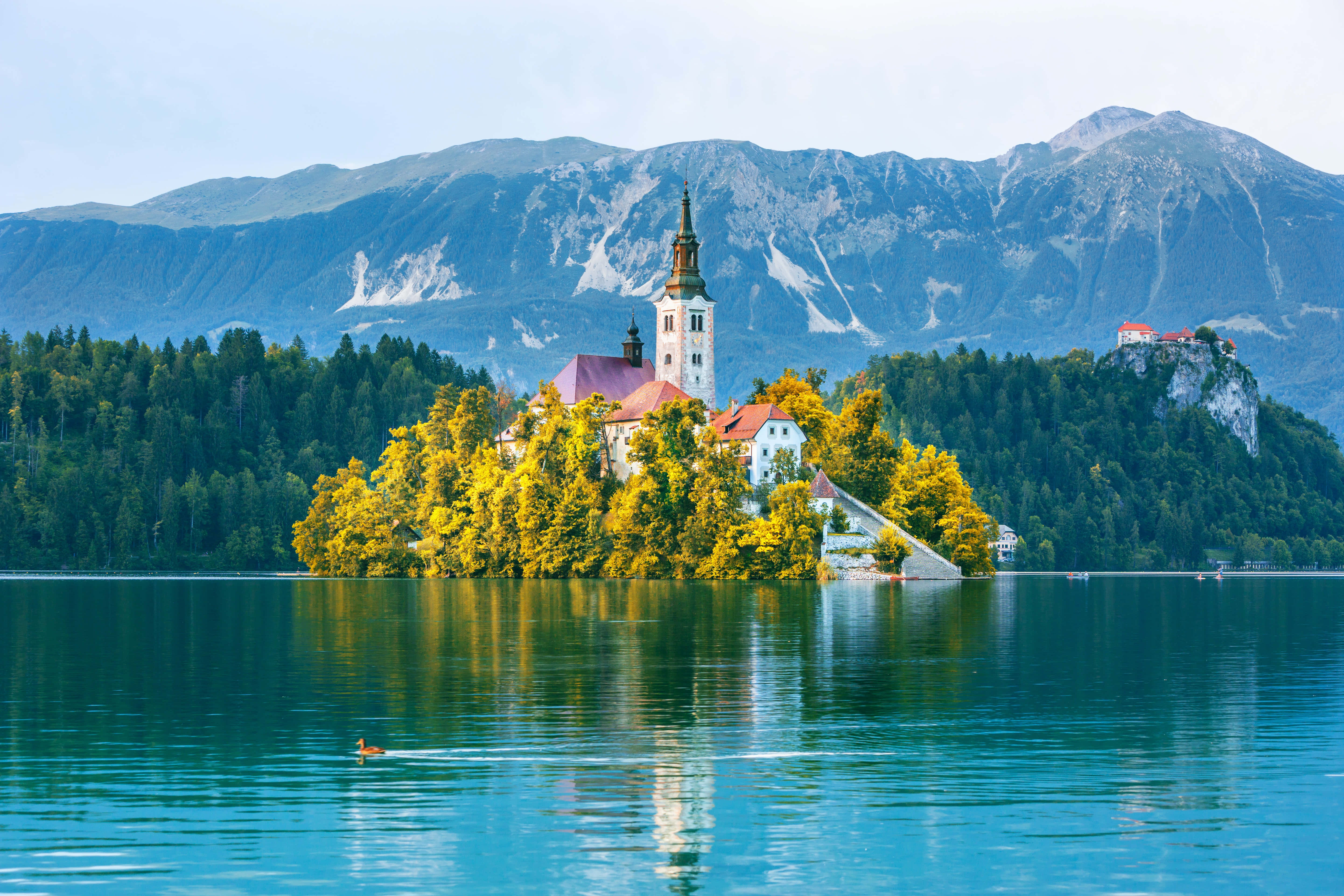 Lake Bled, church, tree-lined island, 5K Desktop Wallpaper