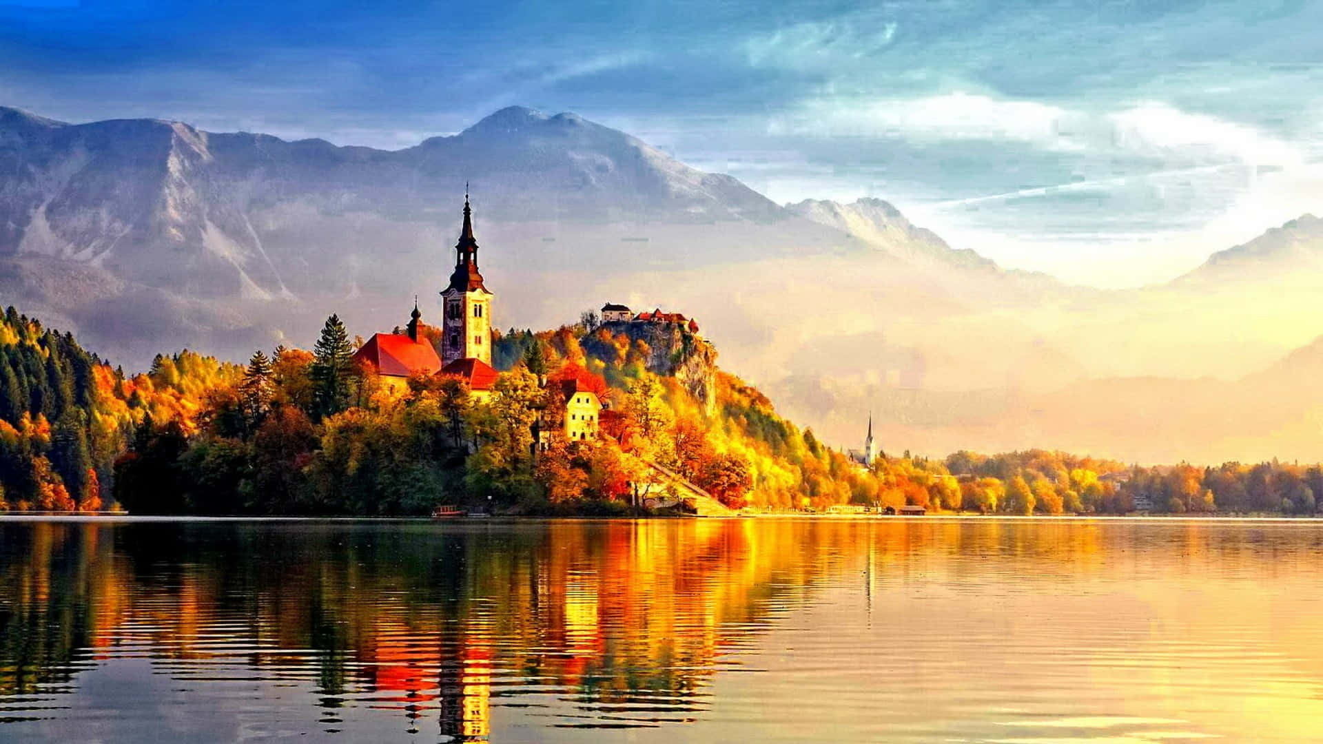 Lake Bled, church, forested hill, Full HD Desktop Wallpaper