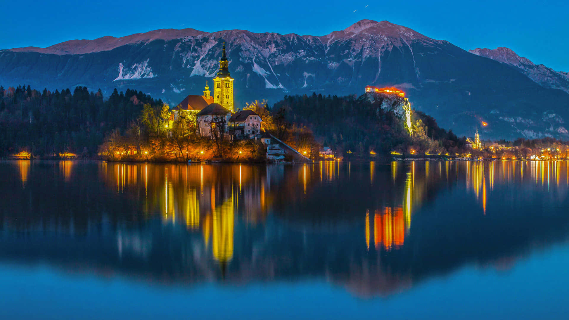 Lake Bled, church on an island, twilight scene, Full HD Desktop Wallpaper