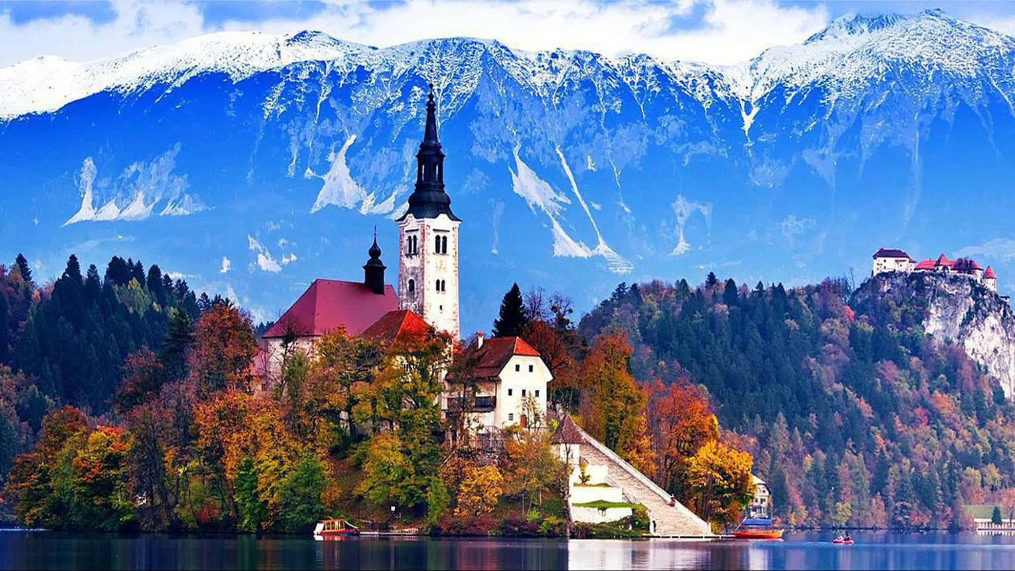 Lake Bled, autumn trees, snow-capped mountains, Full HD Desktop Wallpaper