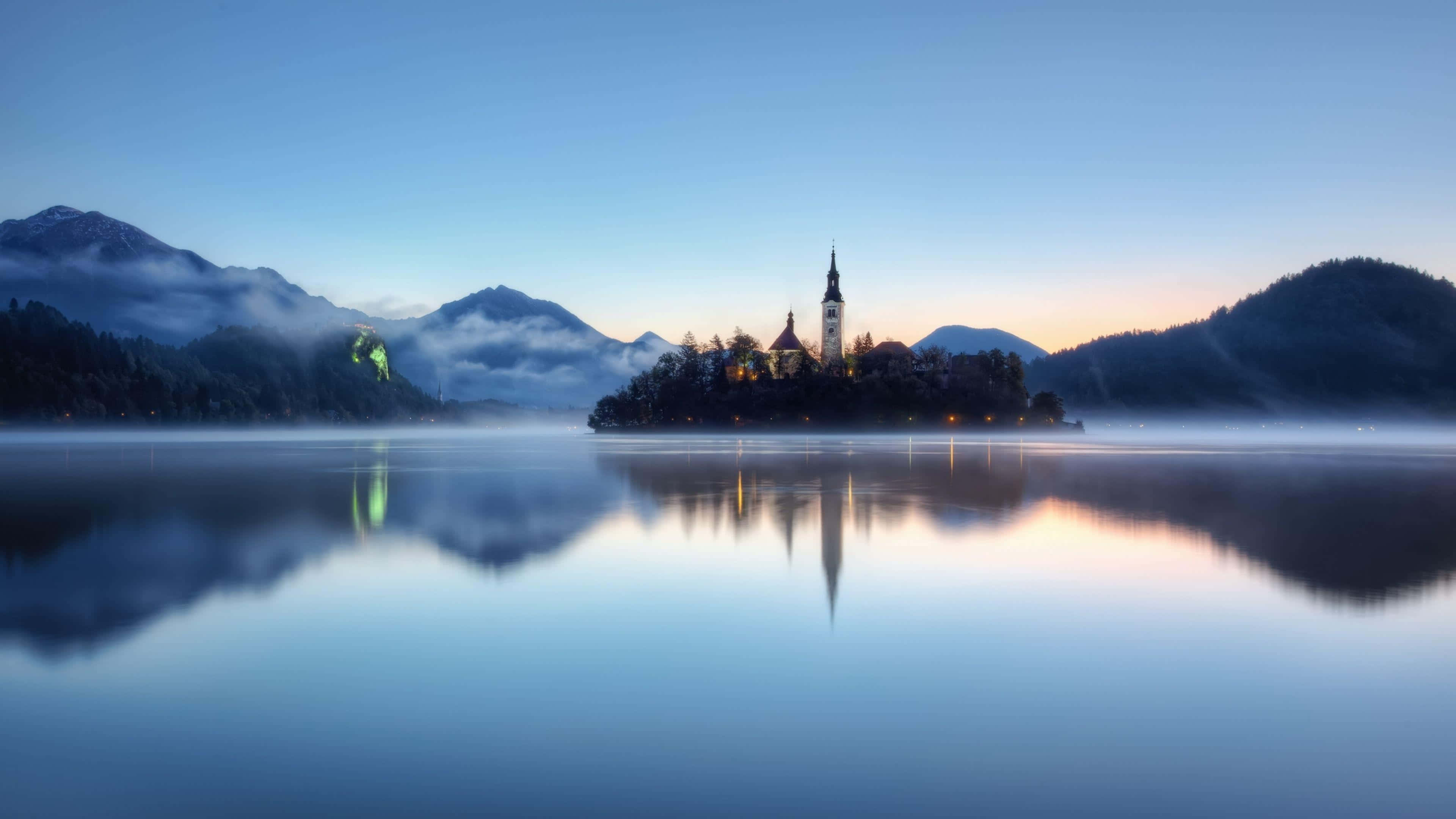 Lake Bled, daybreak, misty island church, 4K Desktop Wallpaper
