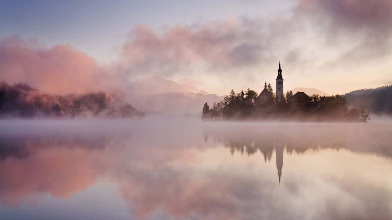 Lake Bled, church island, misty water, HD Desktop Wallpaper