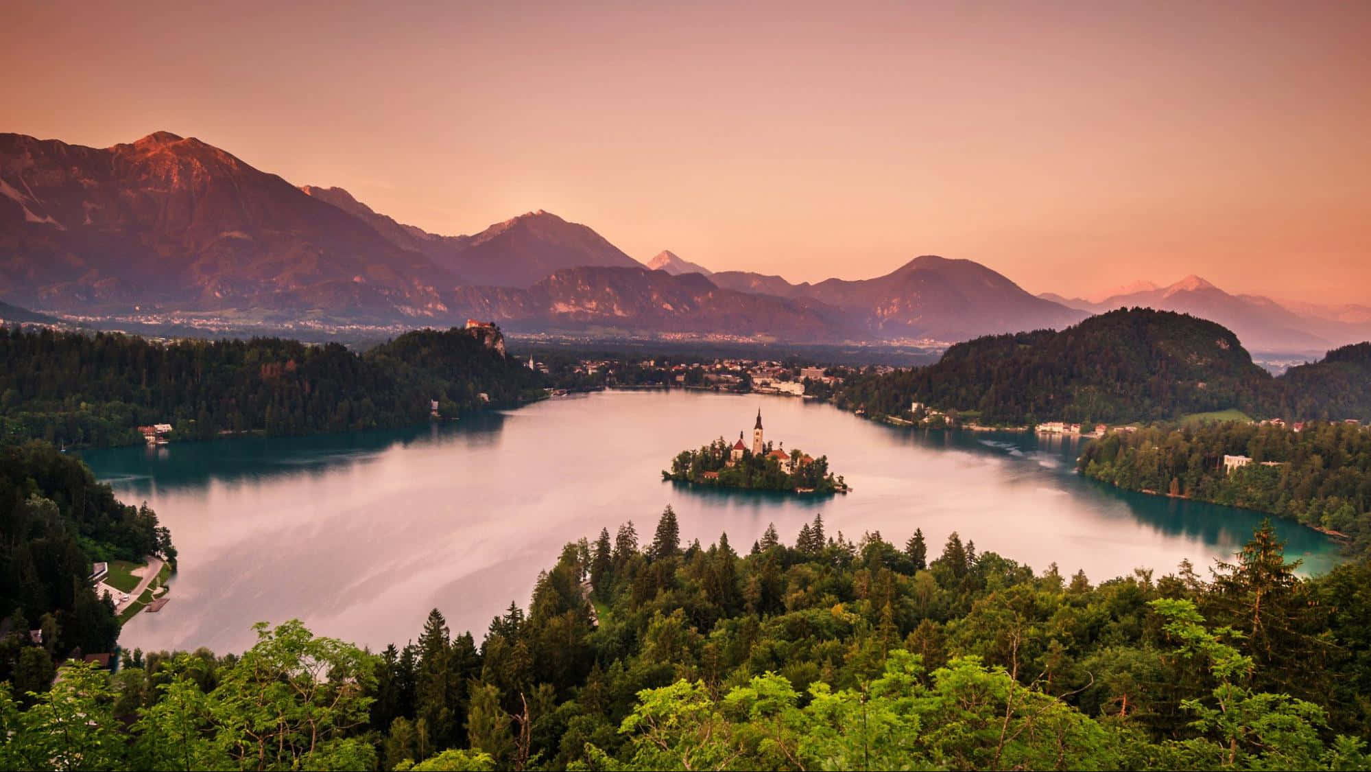 Lake Bled, sunrise, church, Full HD Desktop Wallpaper