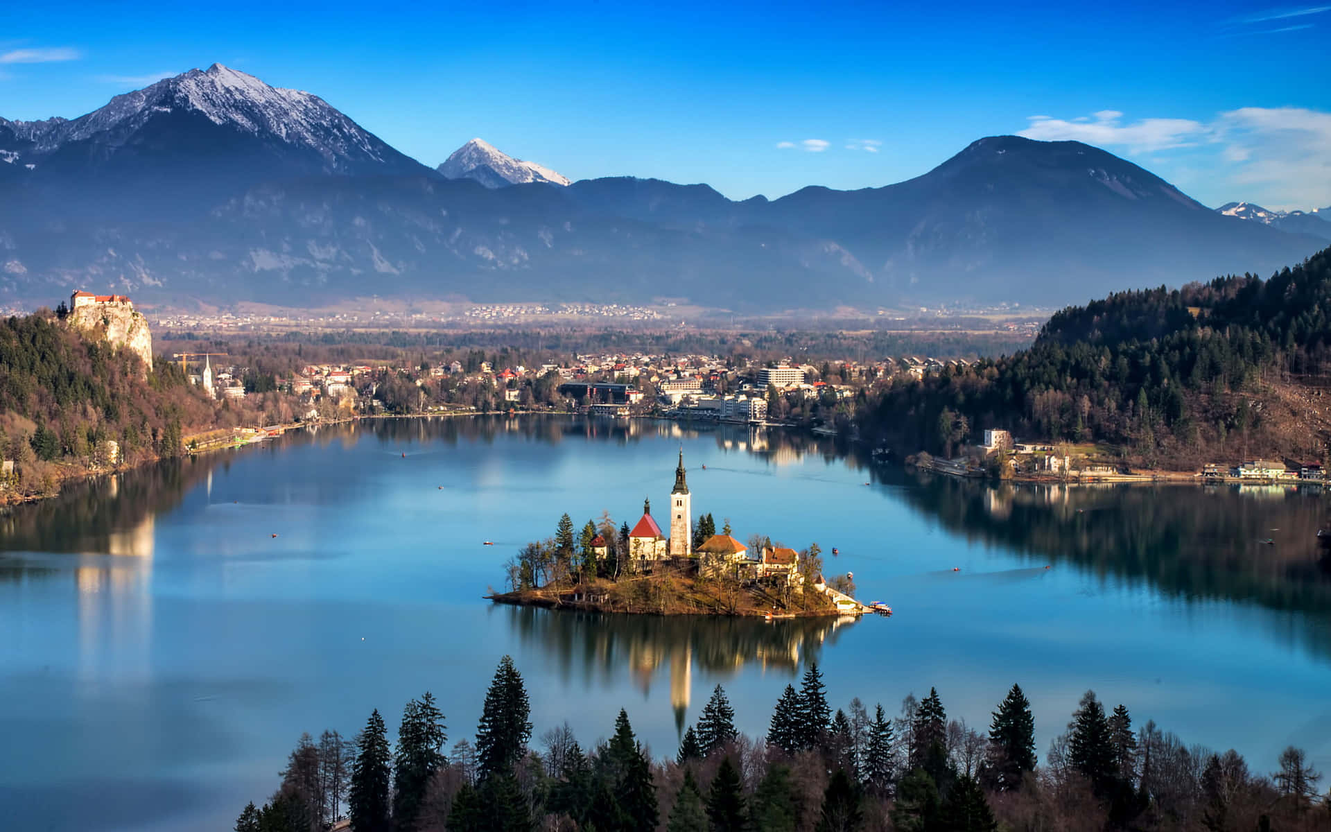 Lake Bled, island church, snow-capped mountains, Full HD Desktop Wallpaper