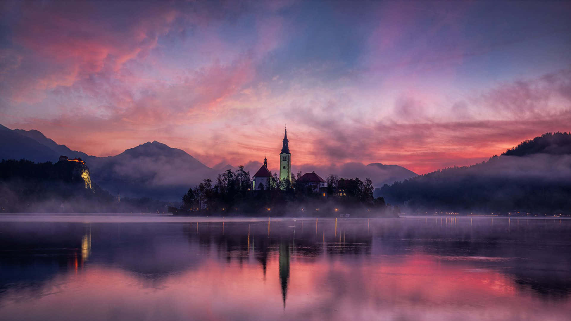 Lake Bled, church on an island, vibrant pink and purple sky, Full HD Desktop Wallpaper