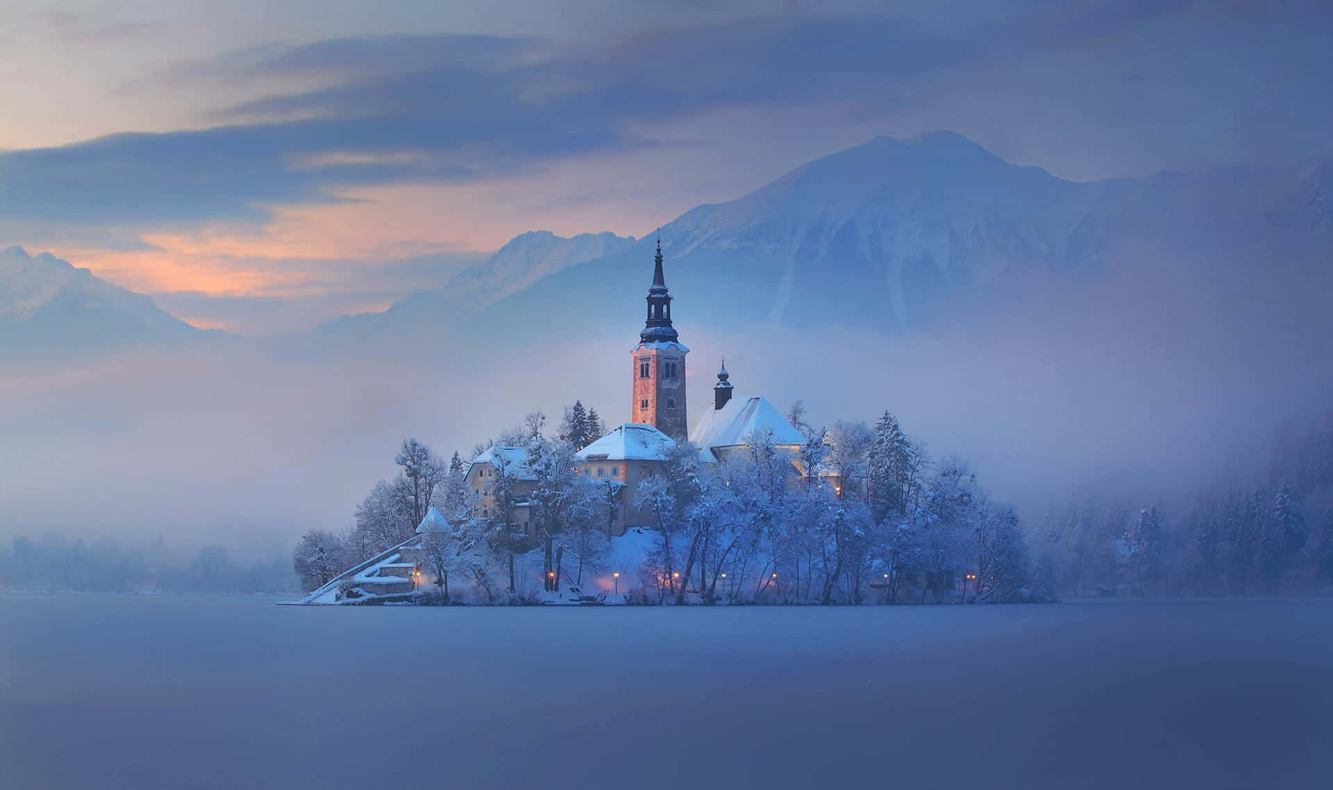 Lake Bled, frozen lake, snow-covered church, Full HD Desktop Wallpaper