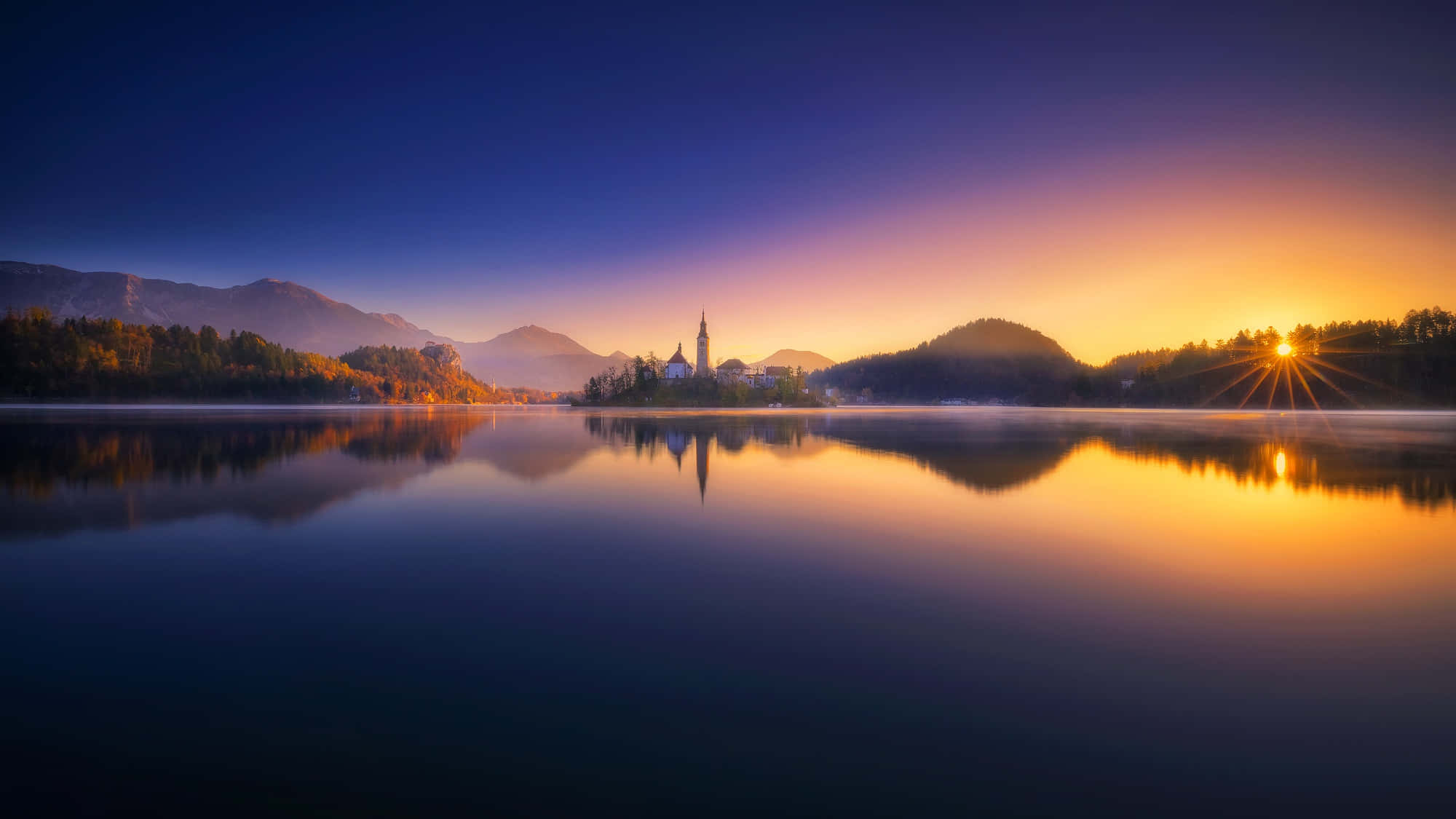 Lake Bled, sunrise, misty lake, Full HD Desktop Wallpaper