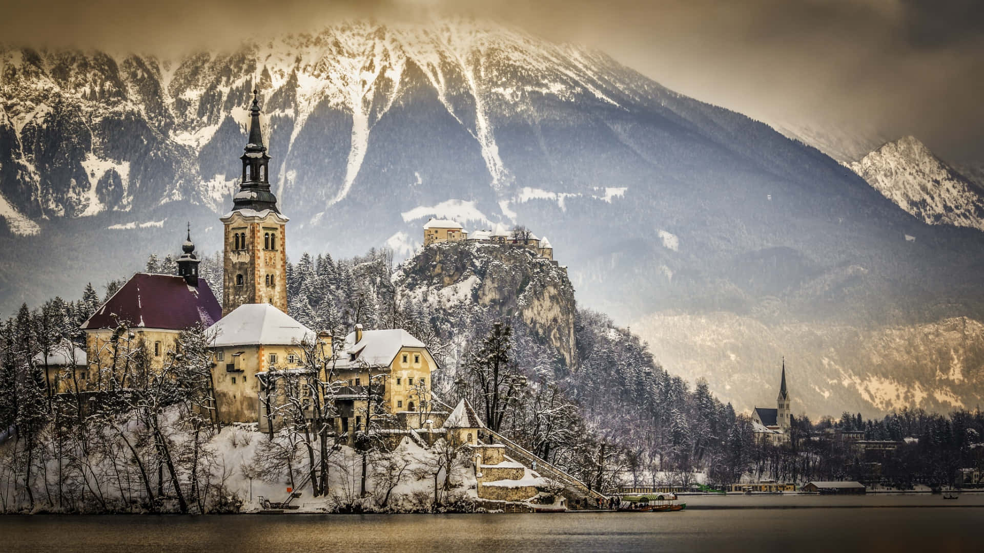 Lake Bled, church, castle, Full HD Desktop Wallpaper