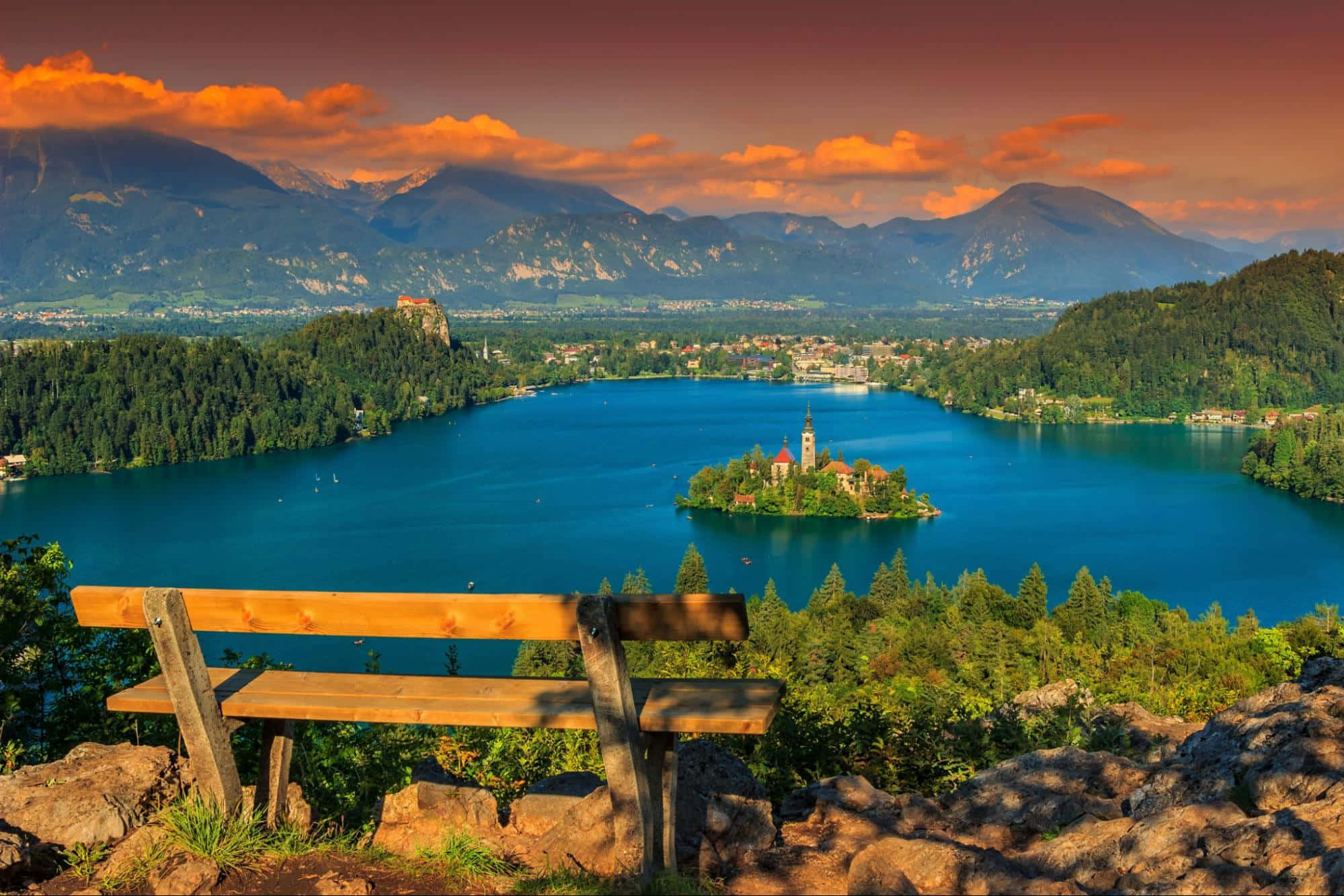 Lake Bled, mountain peak, vibrant blue lake, Full HD Desktop Wallpaper