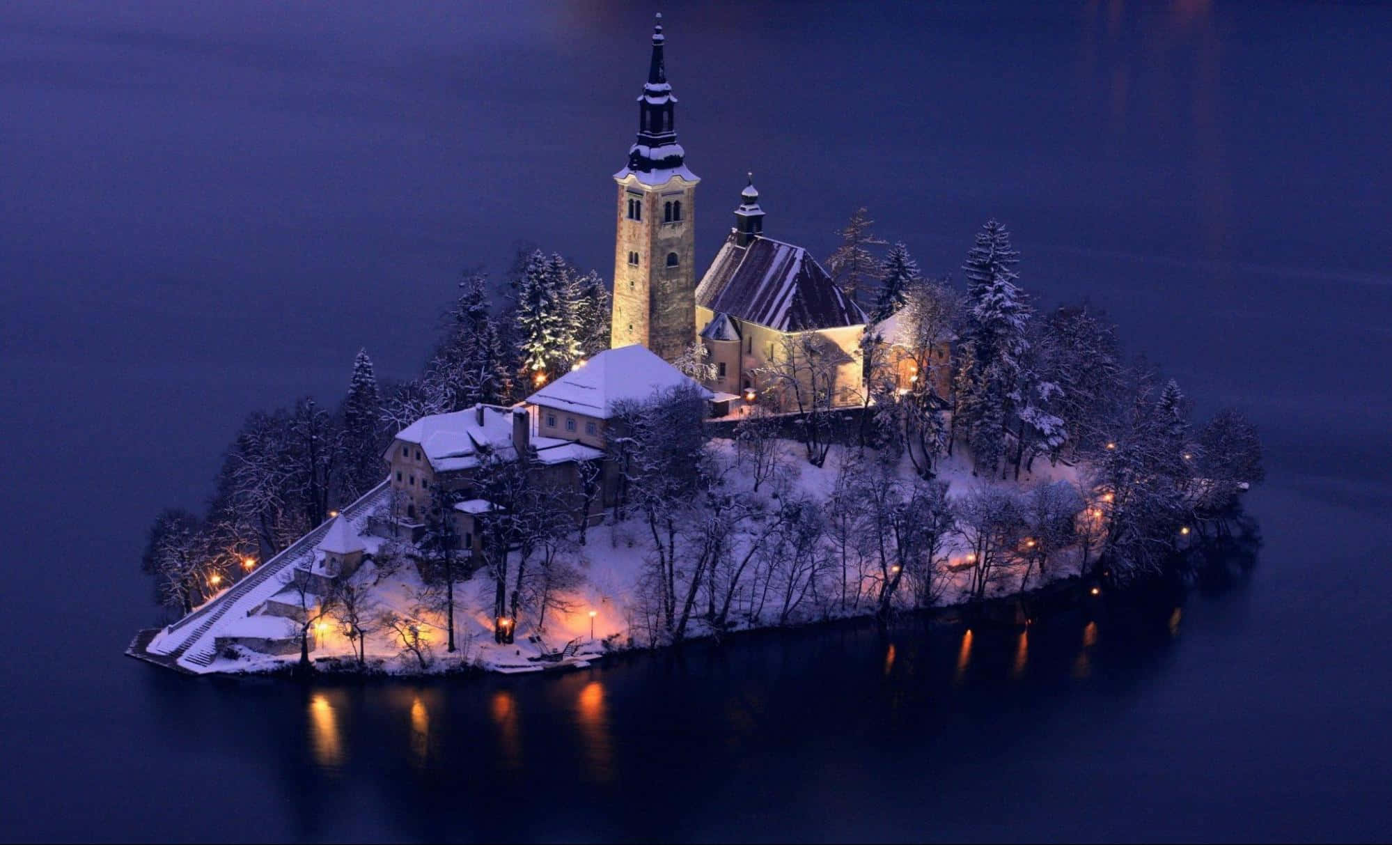 Lake Bled, snow-covered island church, deep blue twilight lake, Full HD Desktop Wallpaper