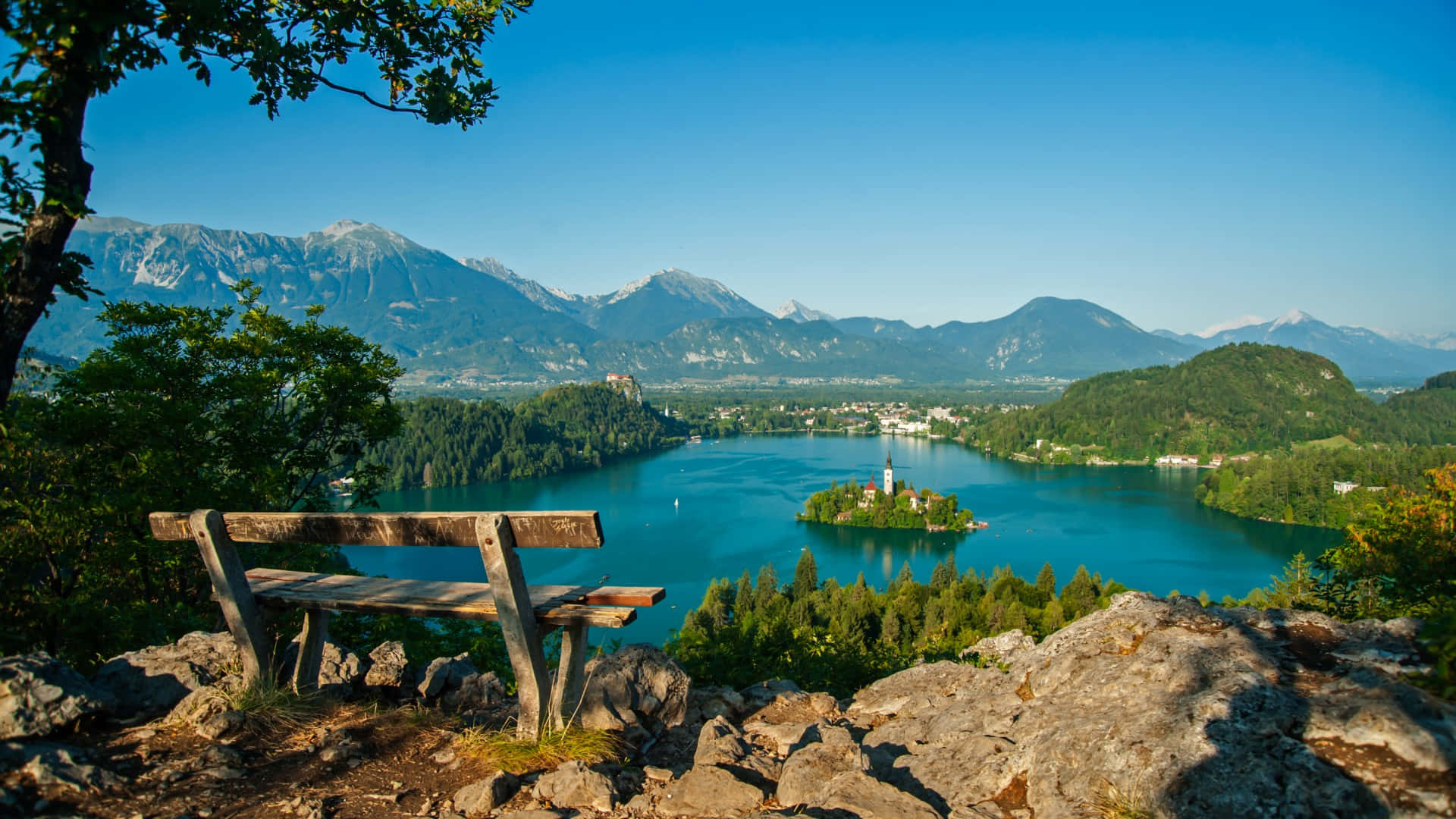 Lake Bled, turquoise lake, small island church, Full HD Desktop Wallpaper