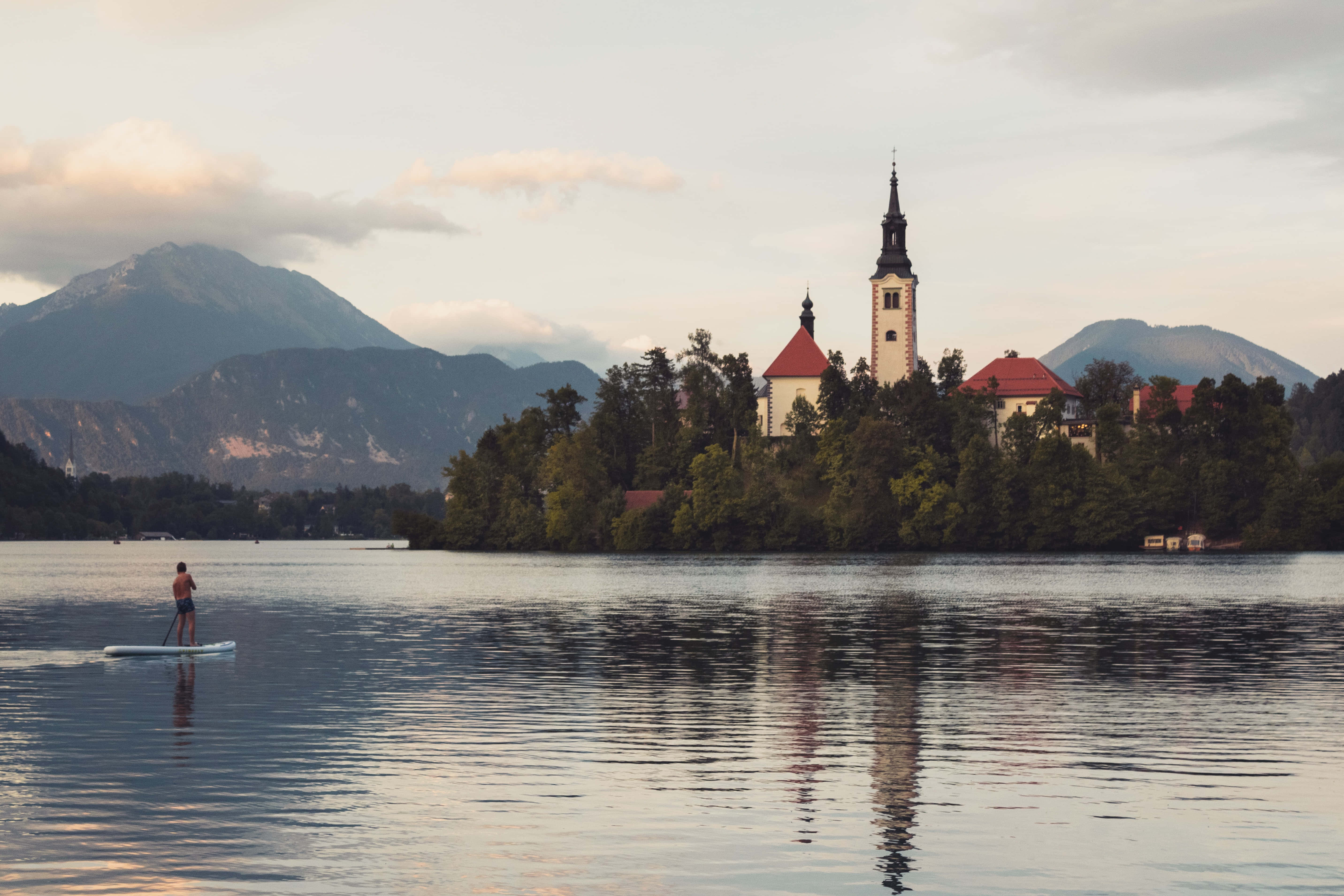Lake Bled, island church, tall spire, 5K Desktop Wallpaper