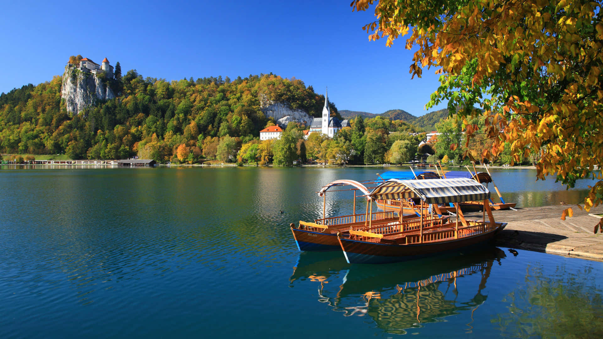 Lake Bled, wooden boat, pier, Full HD Desktop Wallpaper