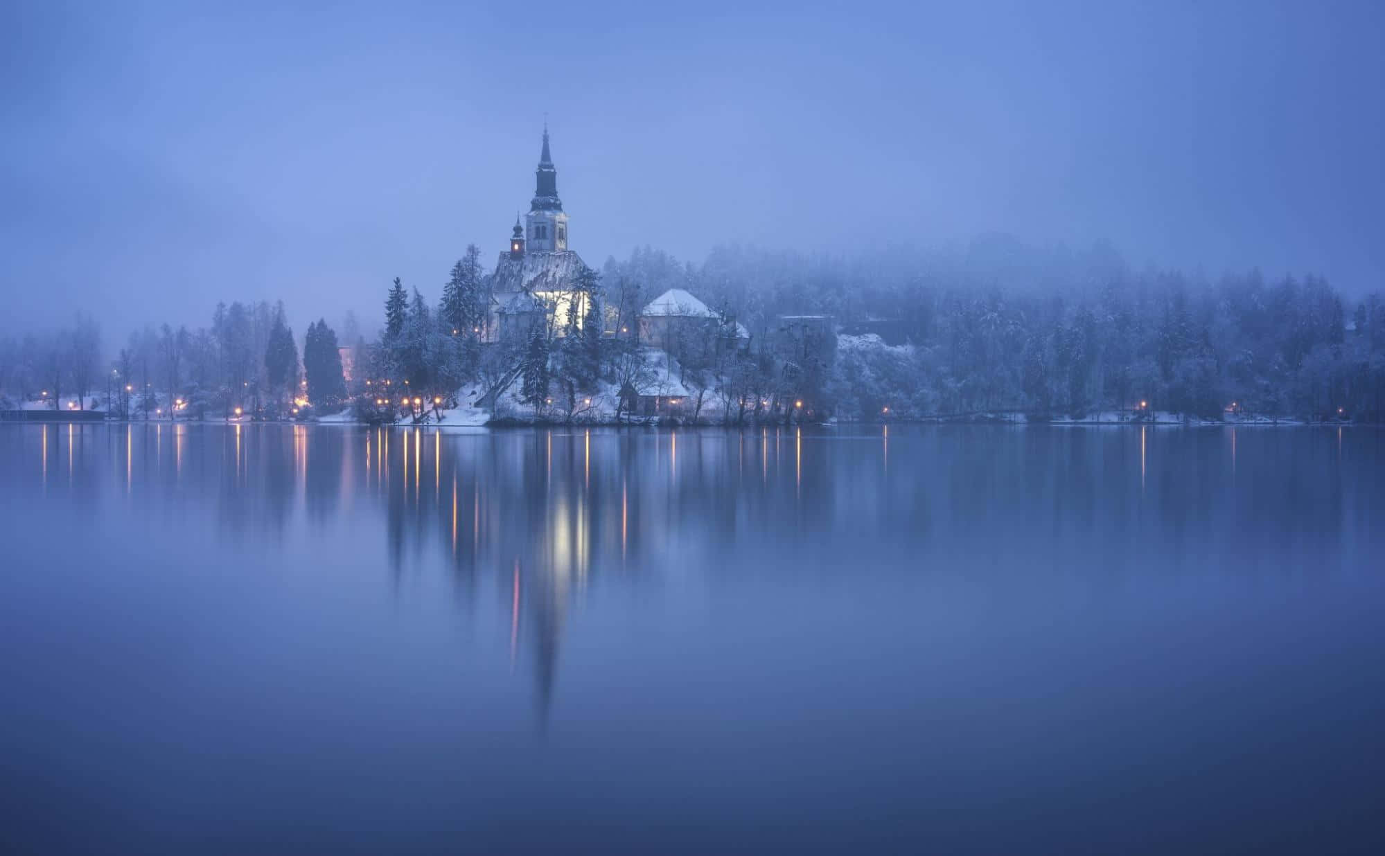 Lake Bled, snow-covered church, misty lake, Full HD Desktop Wallpaper