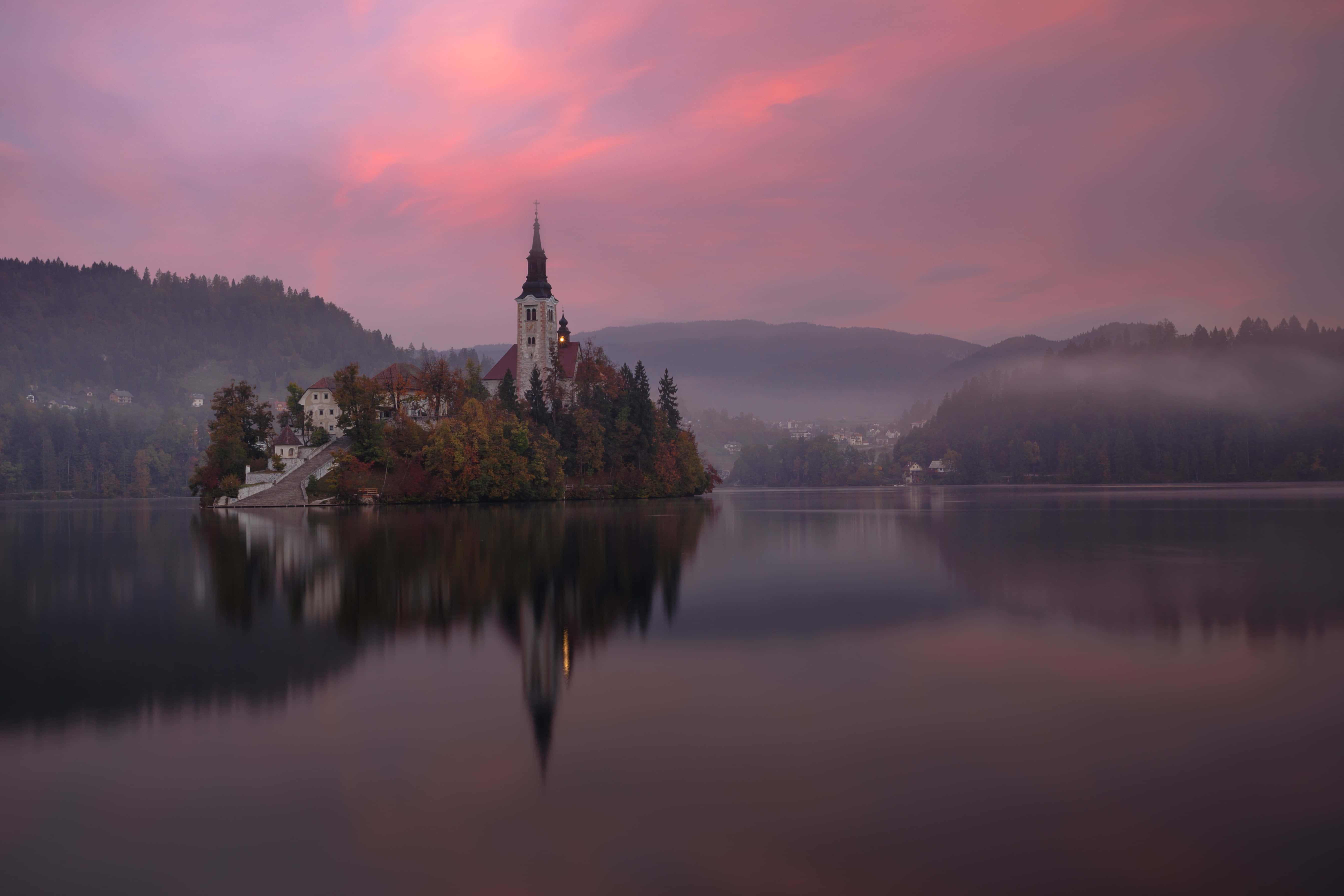 Lake Bled, twilight scene, church on a forested island, 5K Desktop Wallpaper