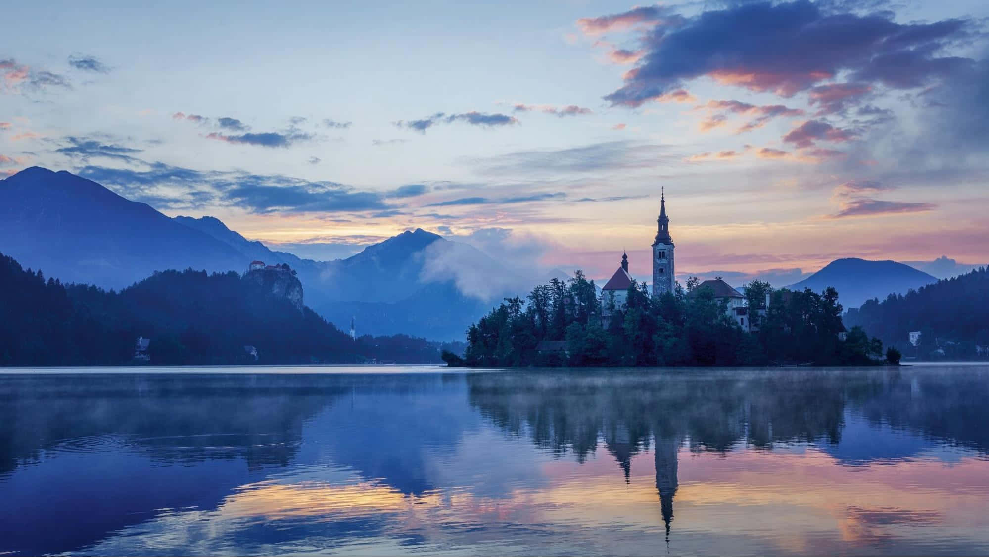 Lake Bled, dusk, church on an island, Full HD Desktop Wallpaper