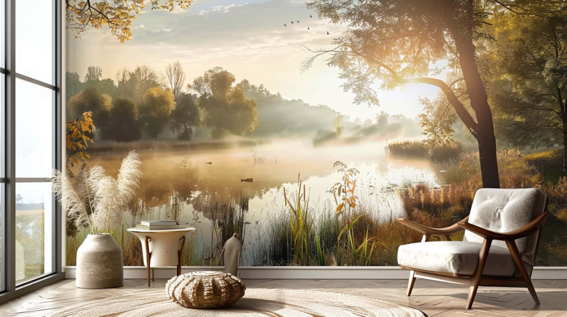 autumn lake view mural, misty autumn lake, golden trees, Full HD Desktop Wallpaper