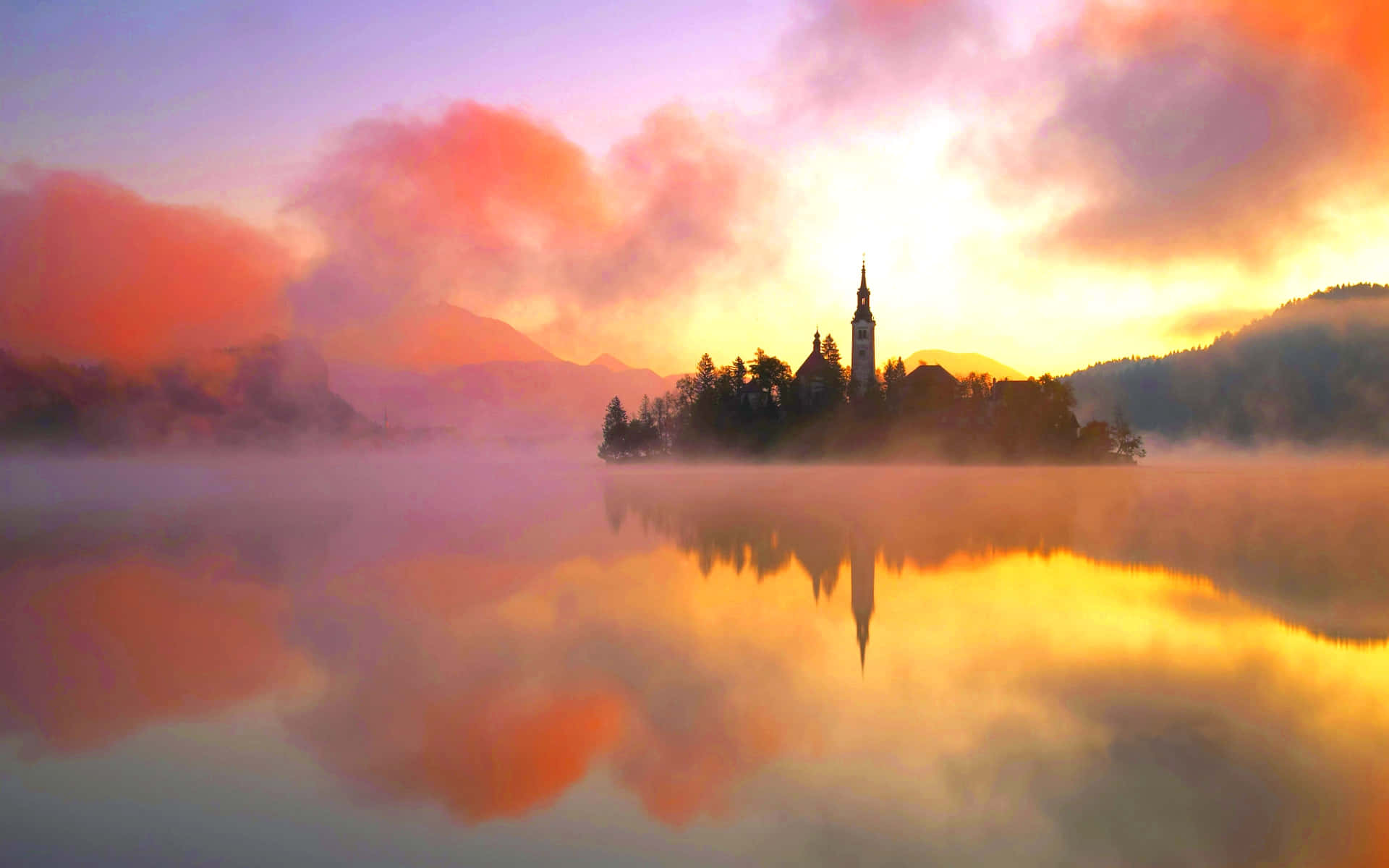 Lake Bled, foggy sunset, misty lake, Full HD Desktop Wallpaper