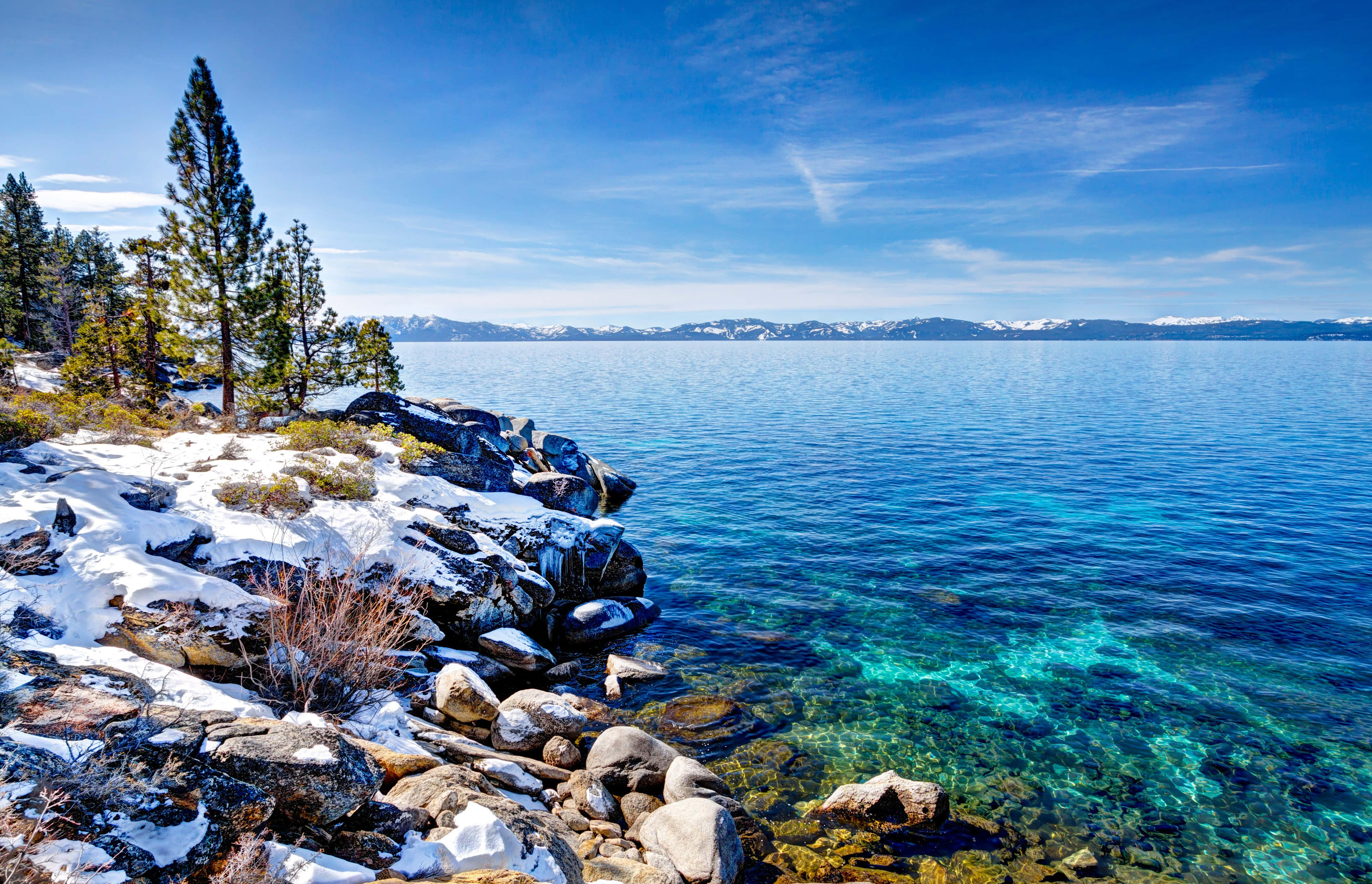 Lake Tahoe, turquoise lake, snow-capped mountains, 4K Desktop Wallpaper