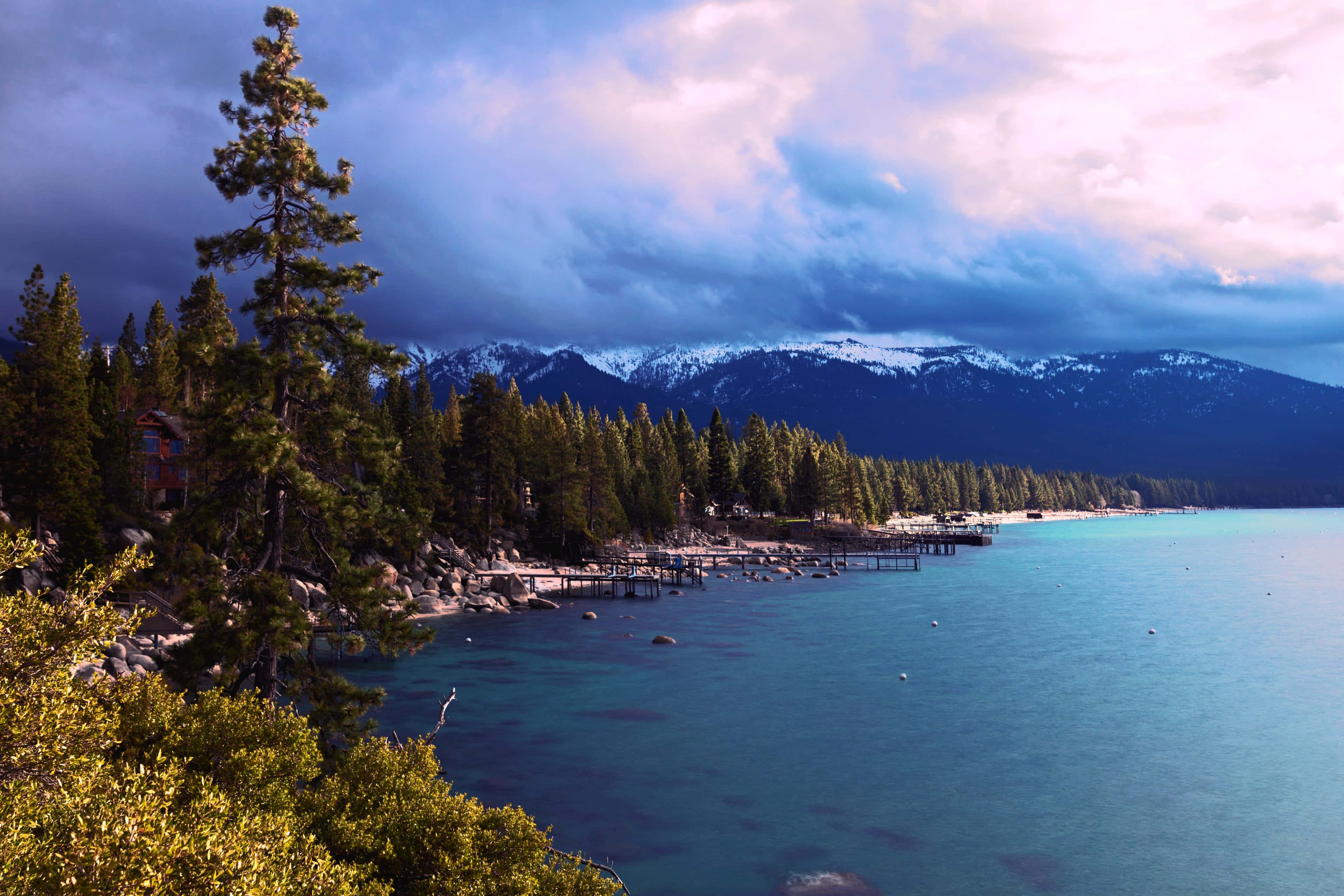 Lake Tahoe, pine trees, snow-capped mountains, 4K Desktop Wallpaper