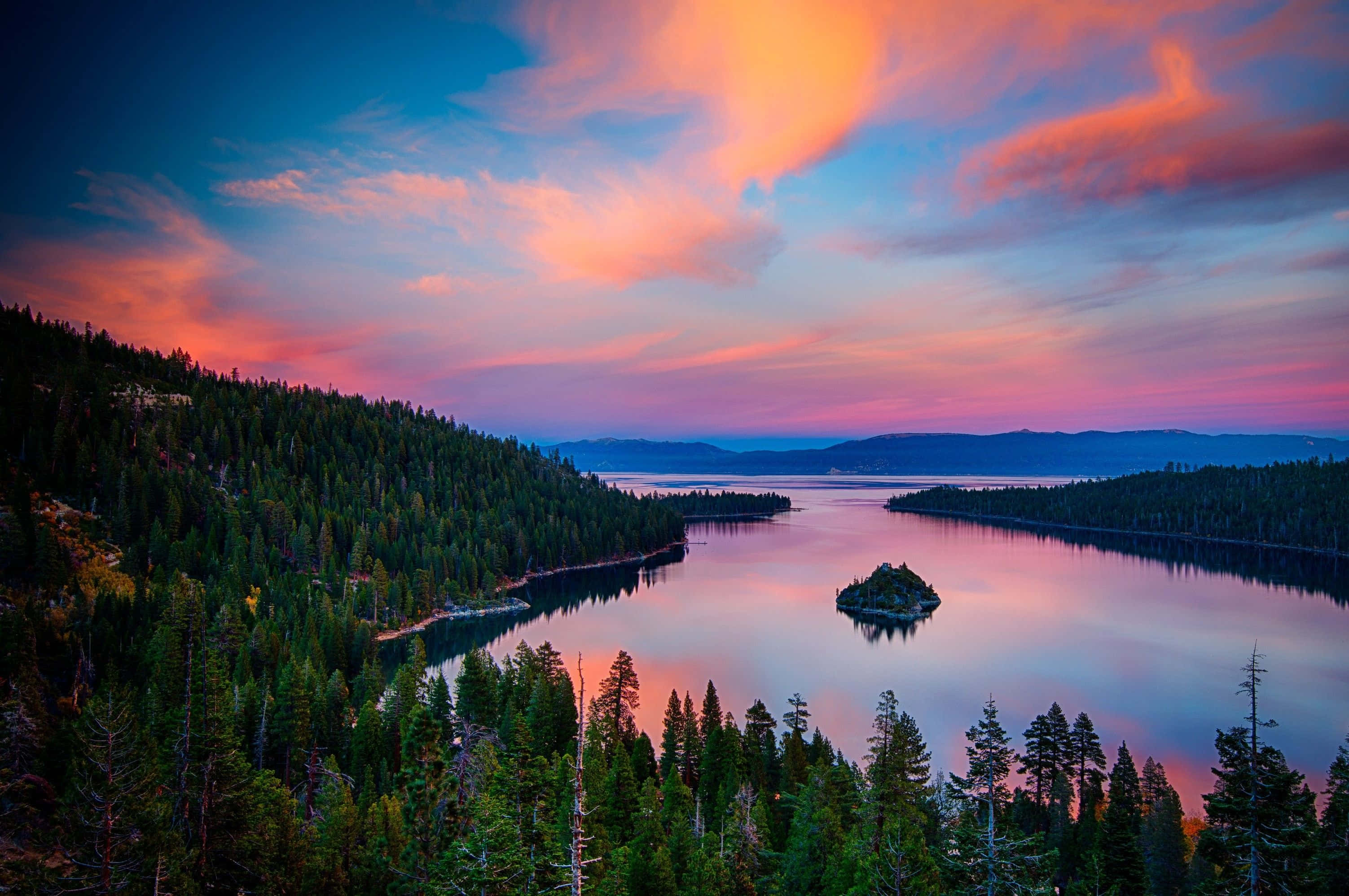 Lake Tahoe, sunset, fiery pink, 2K Desktop Wallpaper