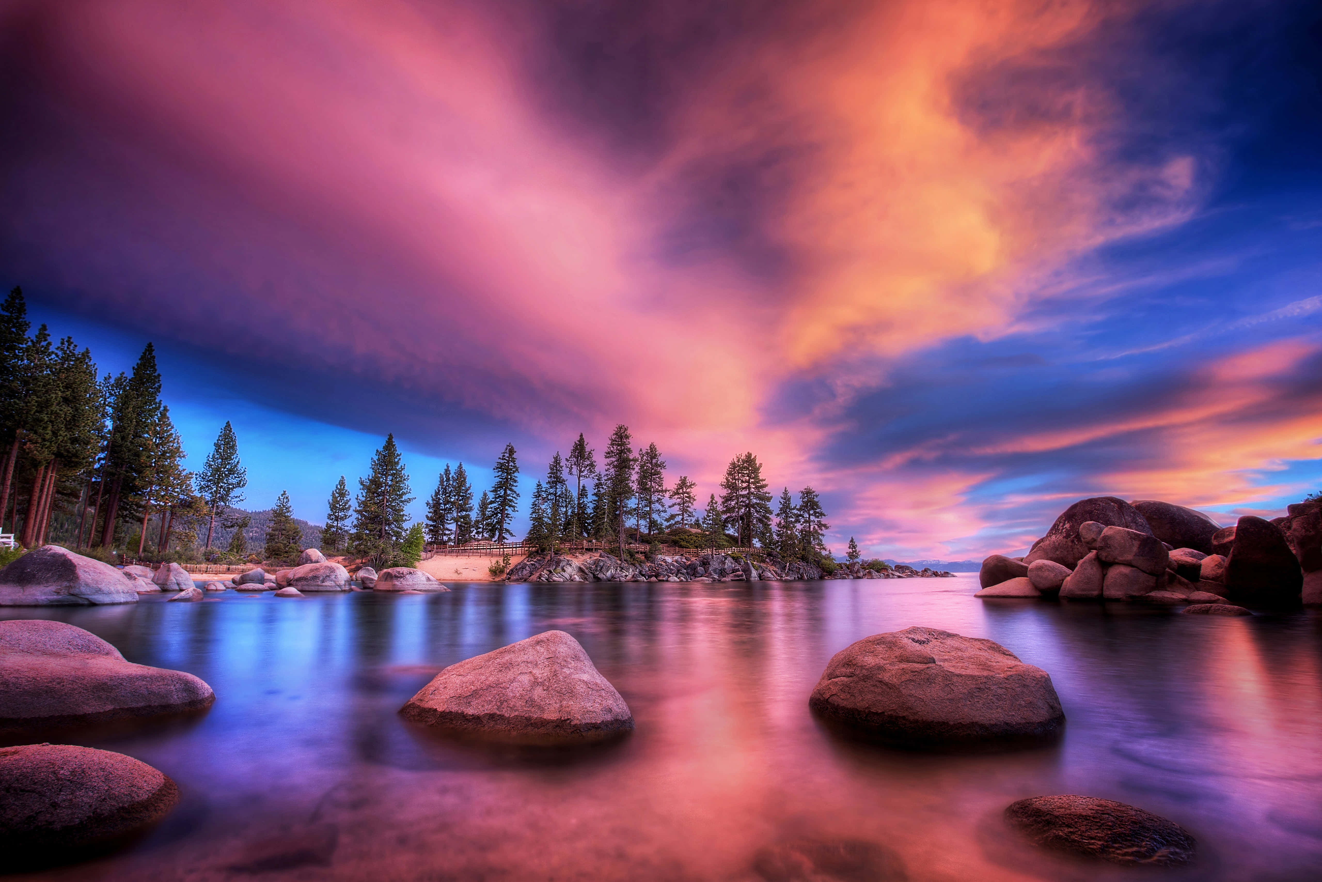 Lake Tahoe, sunset, pink orange and blue skies, 5K Desktop Wallpaper