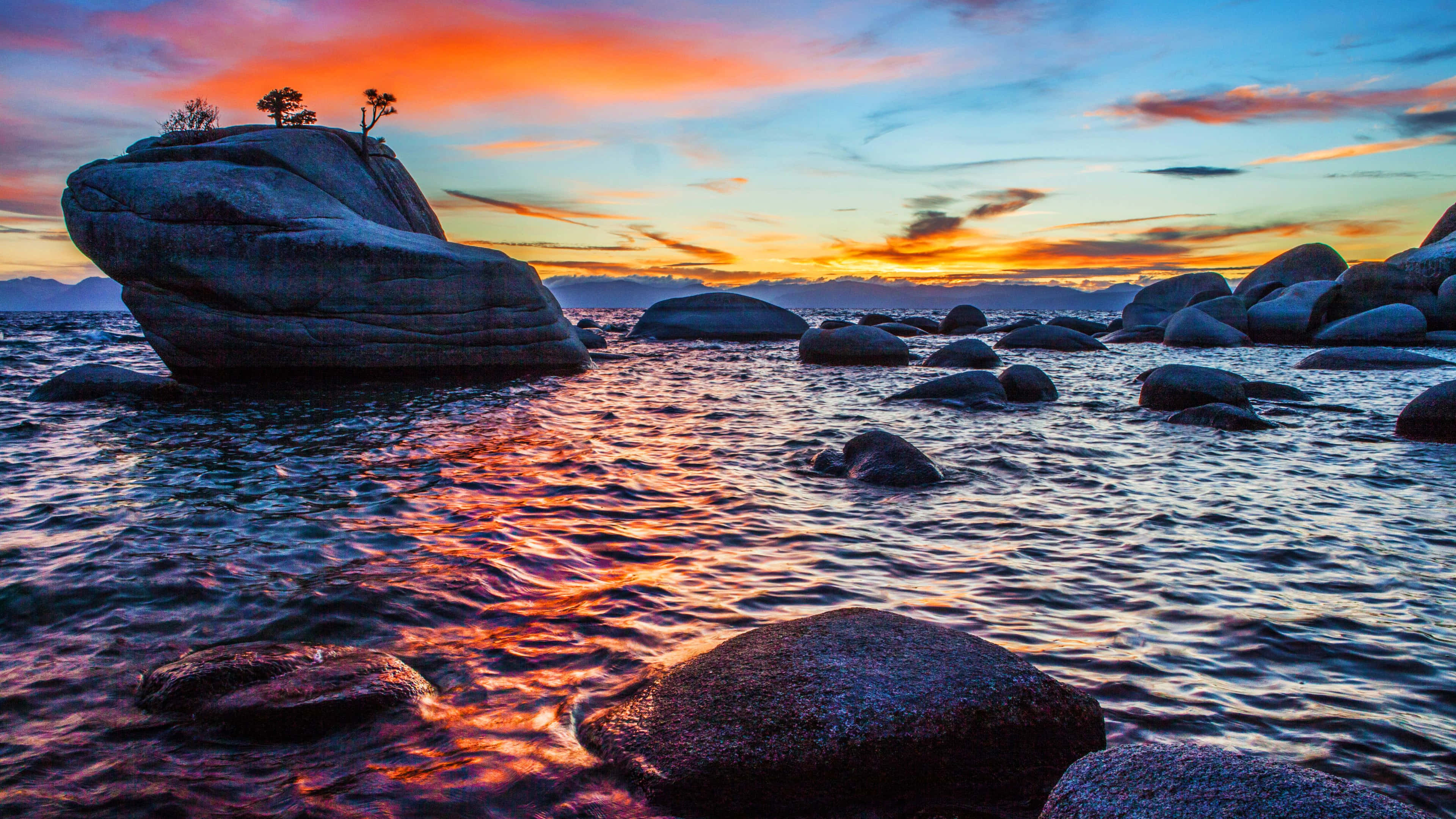 Lake Tahoe, fiery sunset, calm waters, 4K Desktop Wallpaper